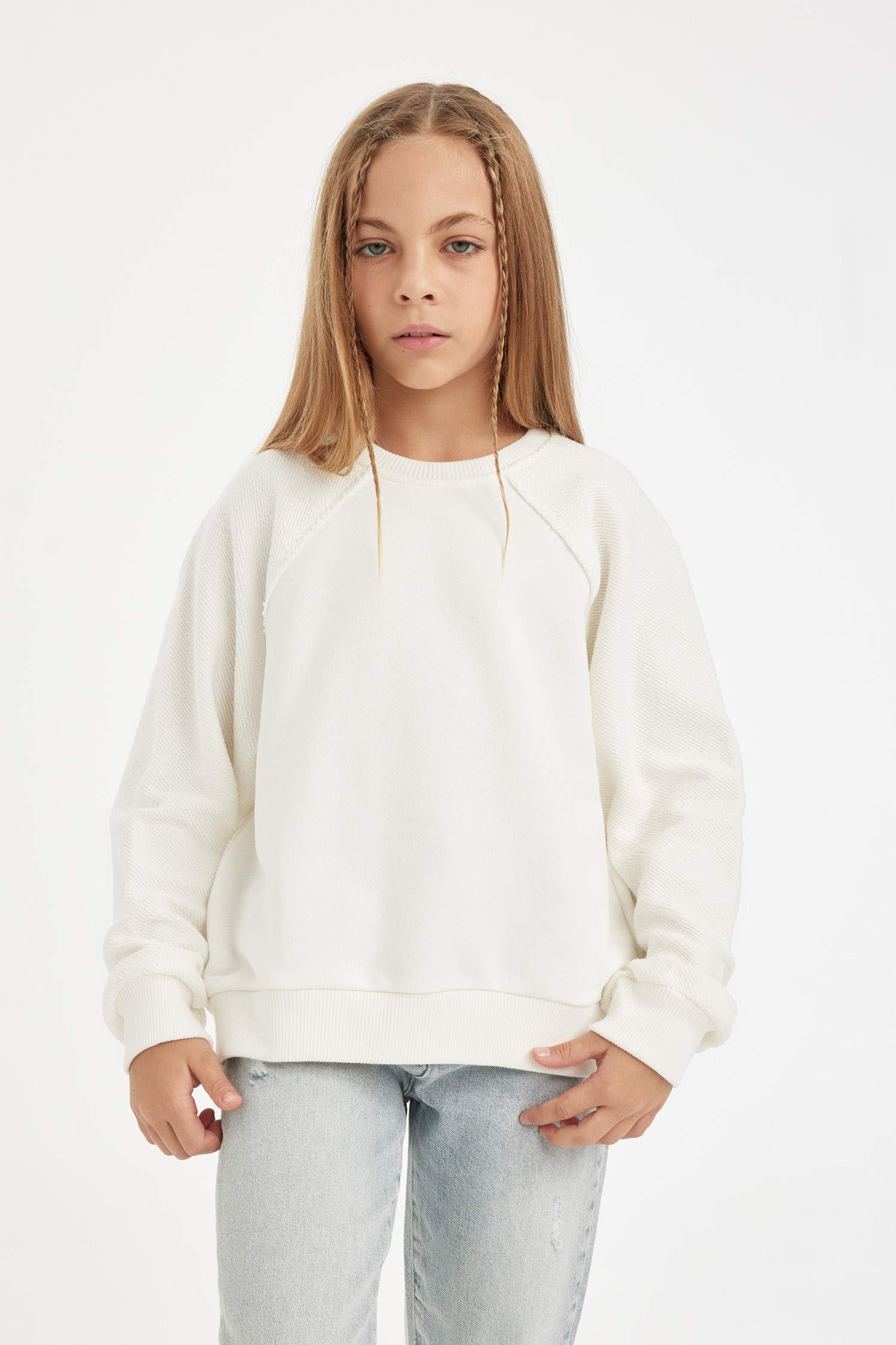 Kız Çocuk Relax Fit Basic Düz Bisiklet Yaka Sweatshirt
