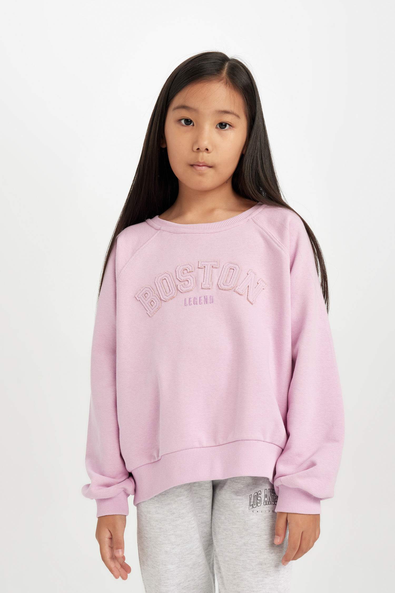 Kız Çocuk Pembe Oversize Geniş Kalıp Bisiklet Yaka Baskılı Sweatshirt