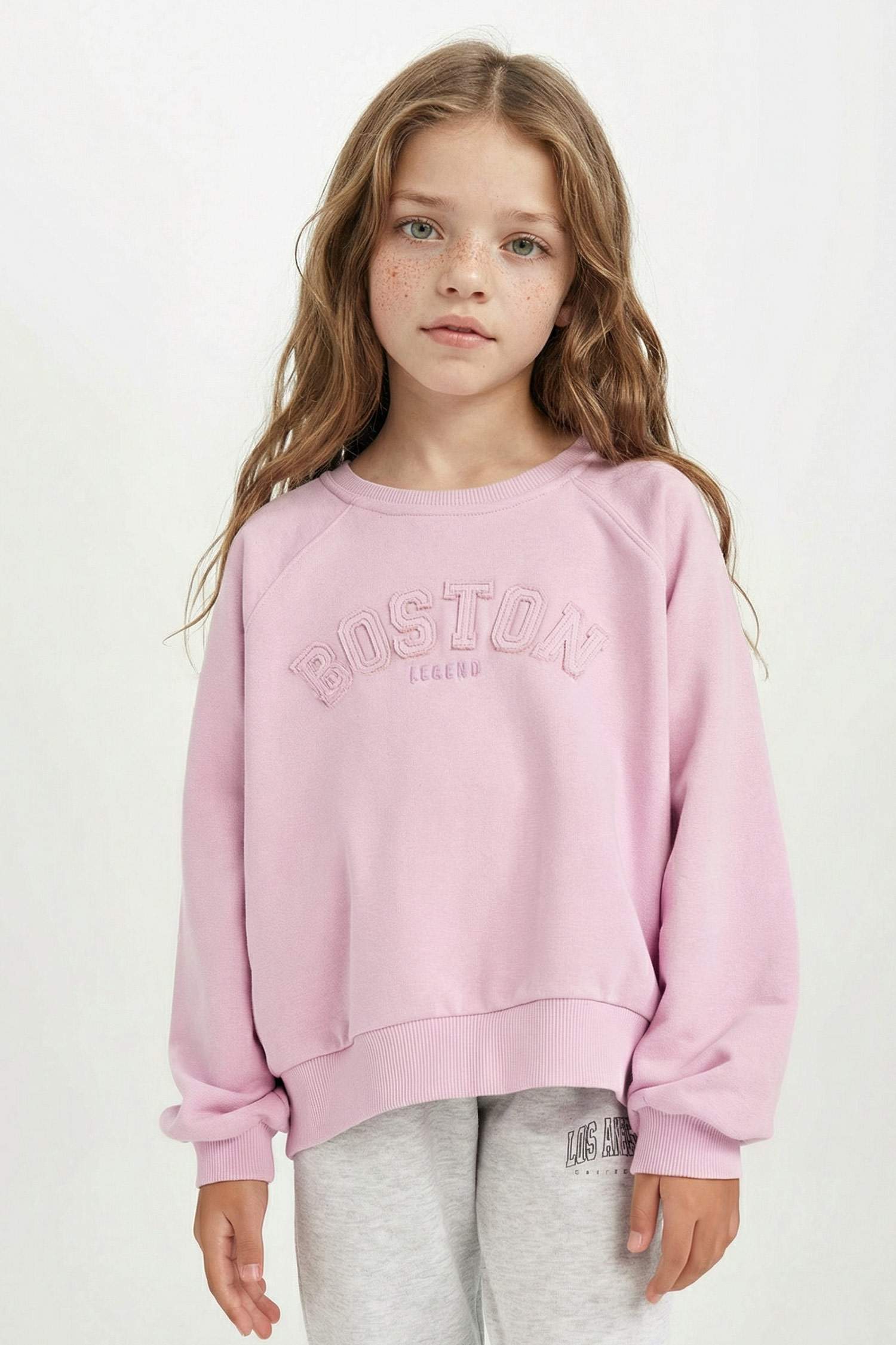 Kız Çocuk Pembe Oversize Geniş Kalıp Bisiklet Yaka Baskılı Sweatshirt