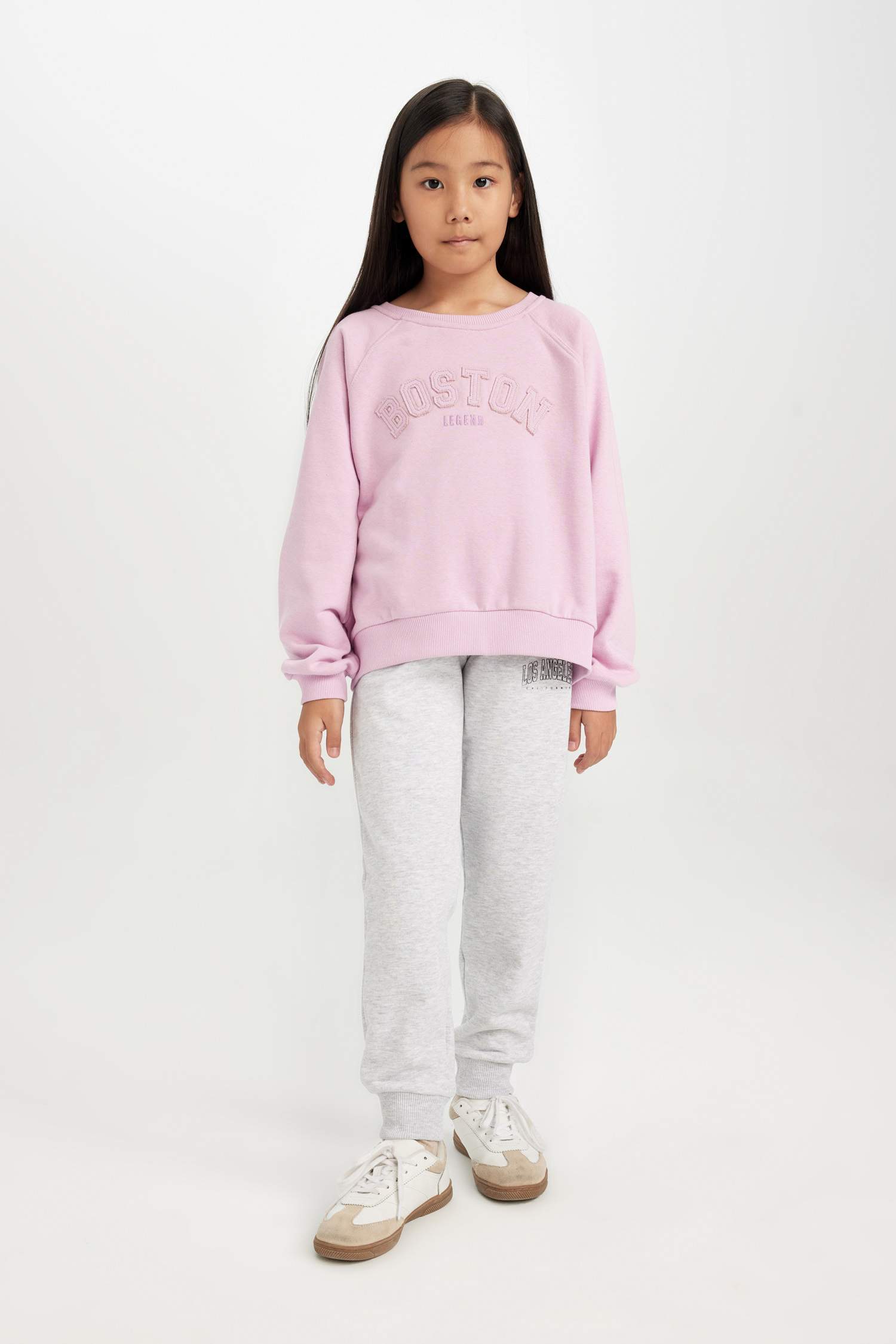 Kız Çocuk Pembe Oversize Geniş Kalıp Bisiklet Yaka Baskılı Sweatshirt