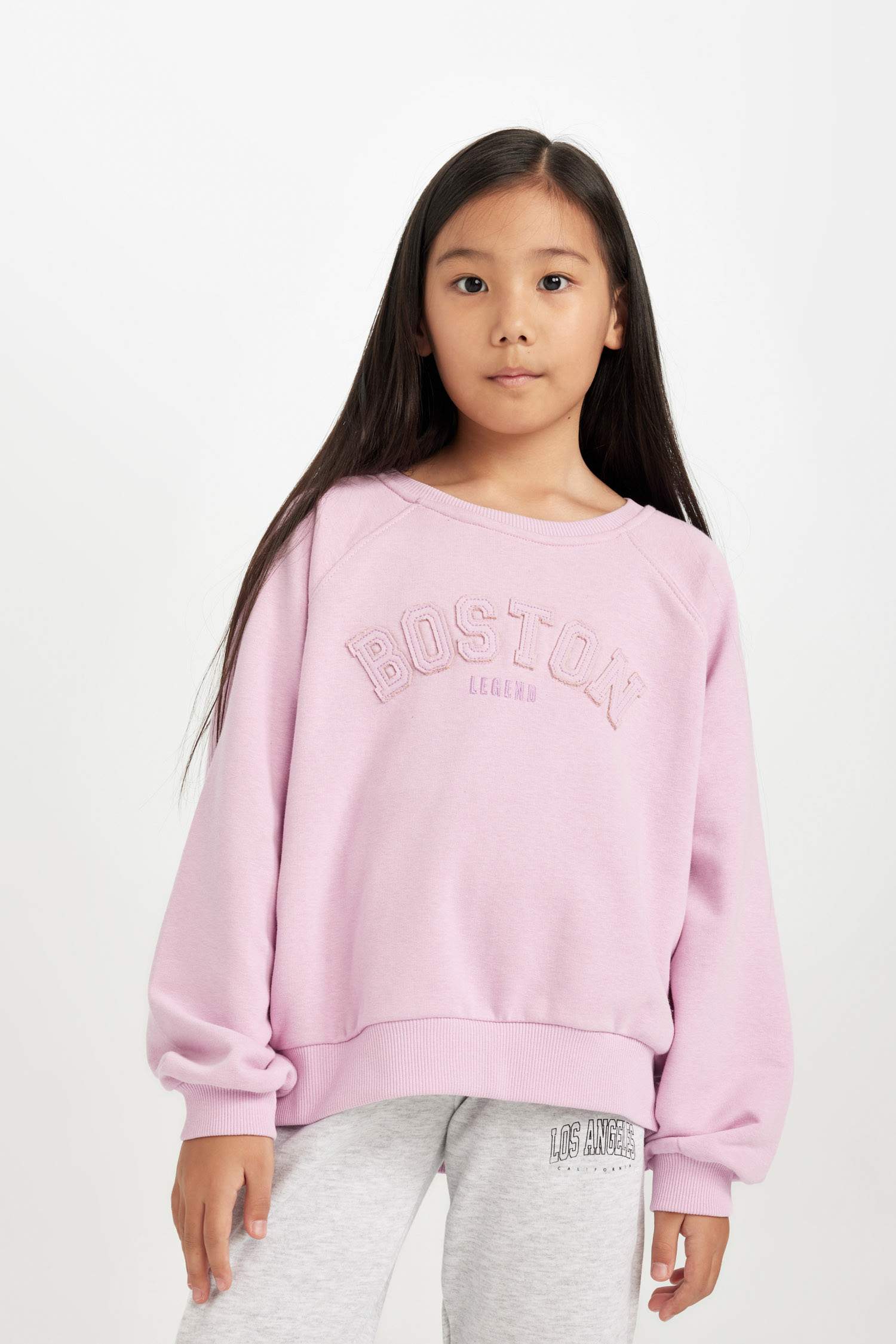 Kız Çocuk Pembe Oversize Geniş Kalıp Bisiklet Yaka Baskılı Sweatshirt