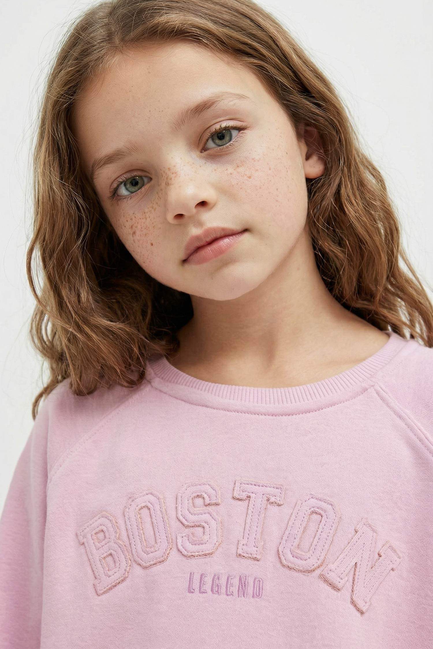 Kız Çocuk Pembe Oversize Geniş Kalıp Bisiklet Yaka Baskılı Sweatshirt