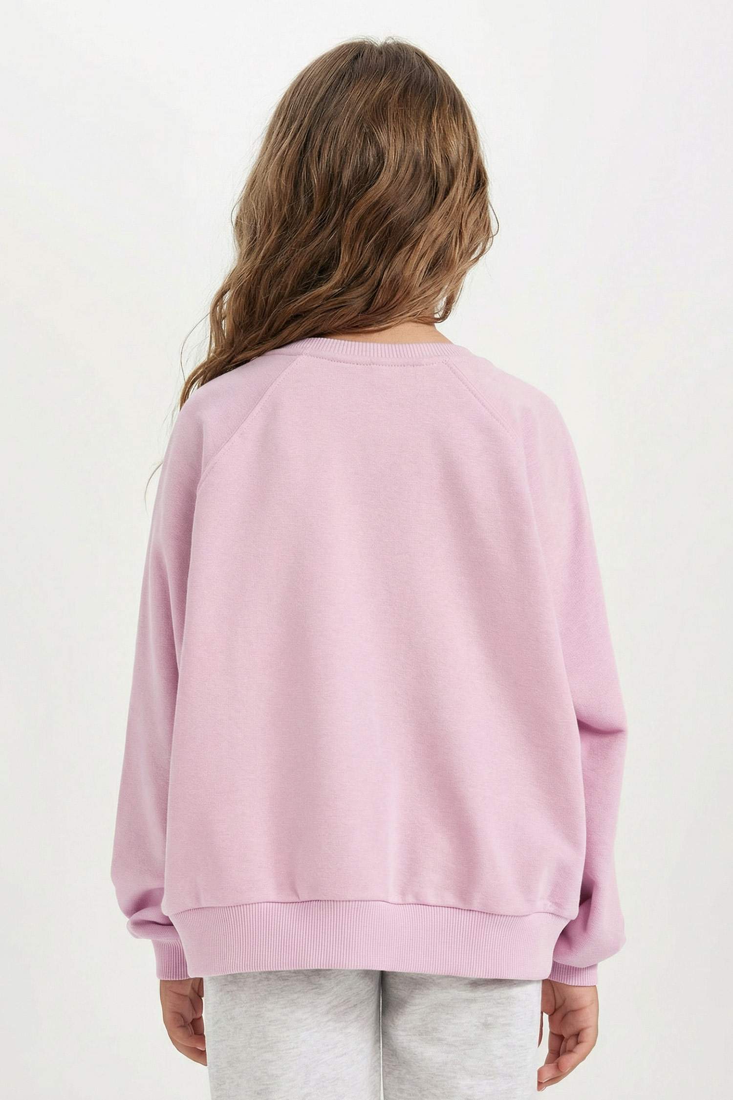 Kız Çocuk Pembe Oversize Geniş Kalıp Bisiklet Yaka Baskılı Sweatshirt