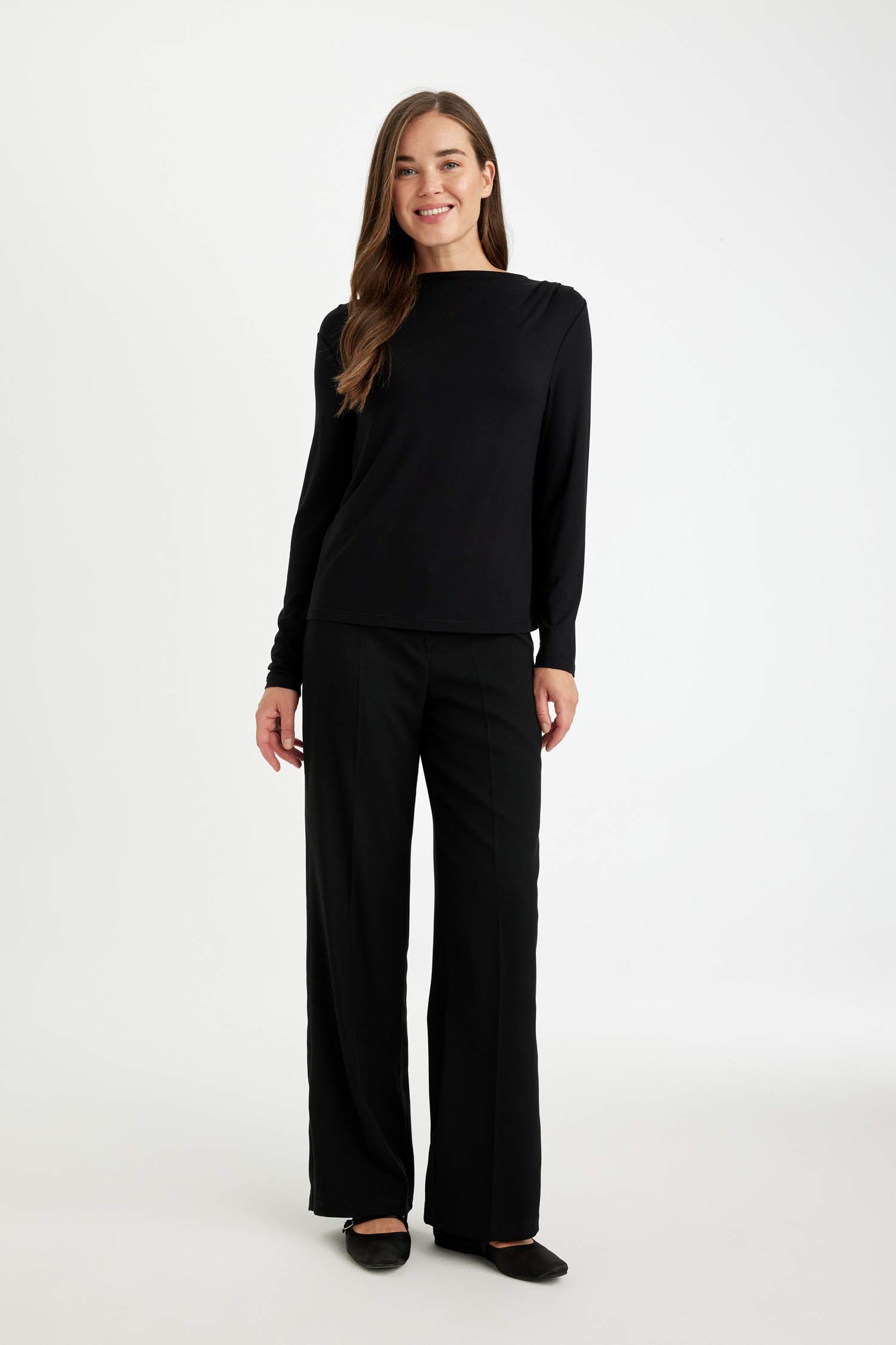 Regular Fit Degaje Yaka Basic Düz Uzun Kollu Siyah Tişört