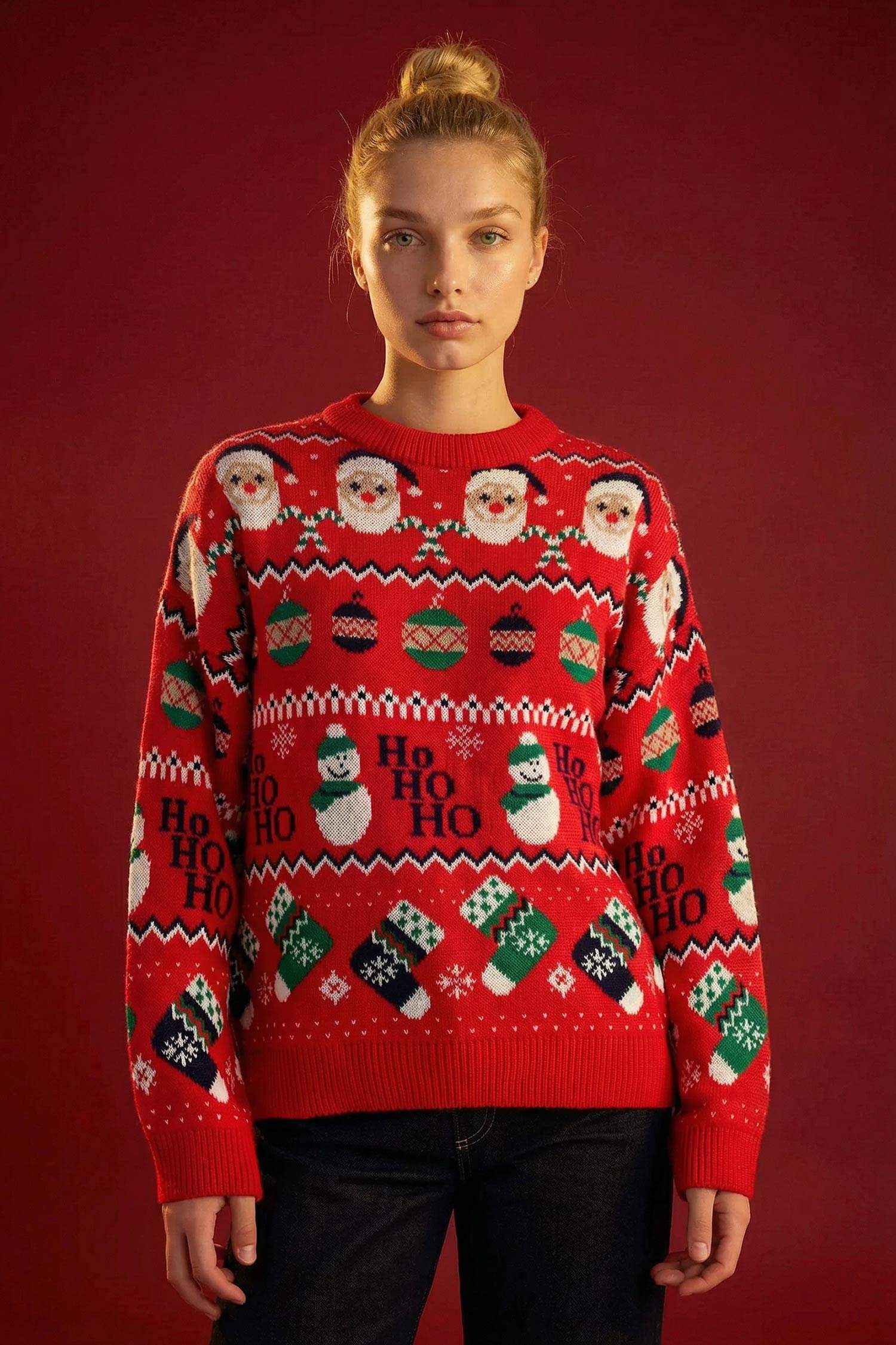 بلوفر تريكو قصة عادية برقبة مستديرة