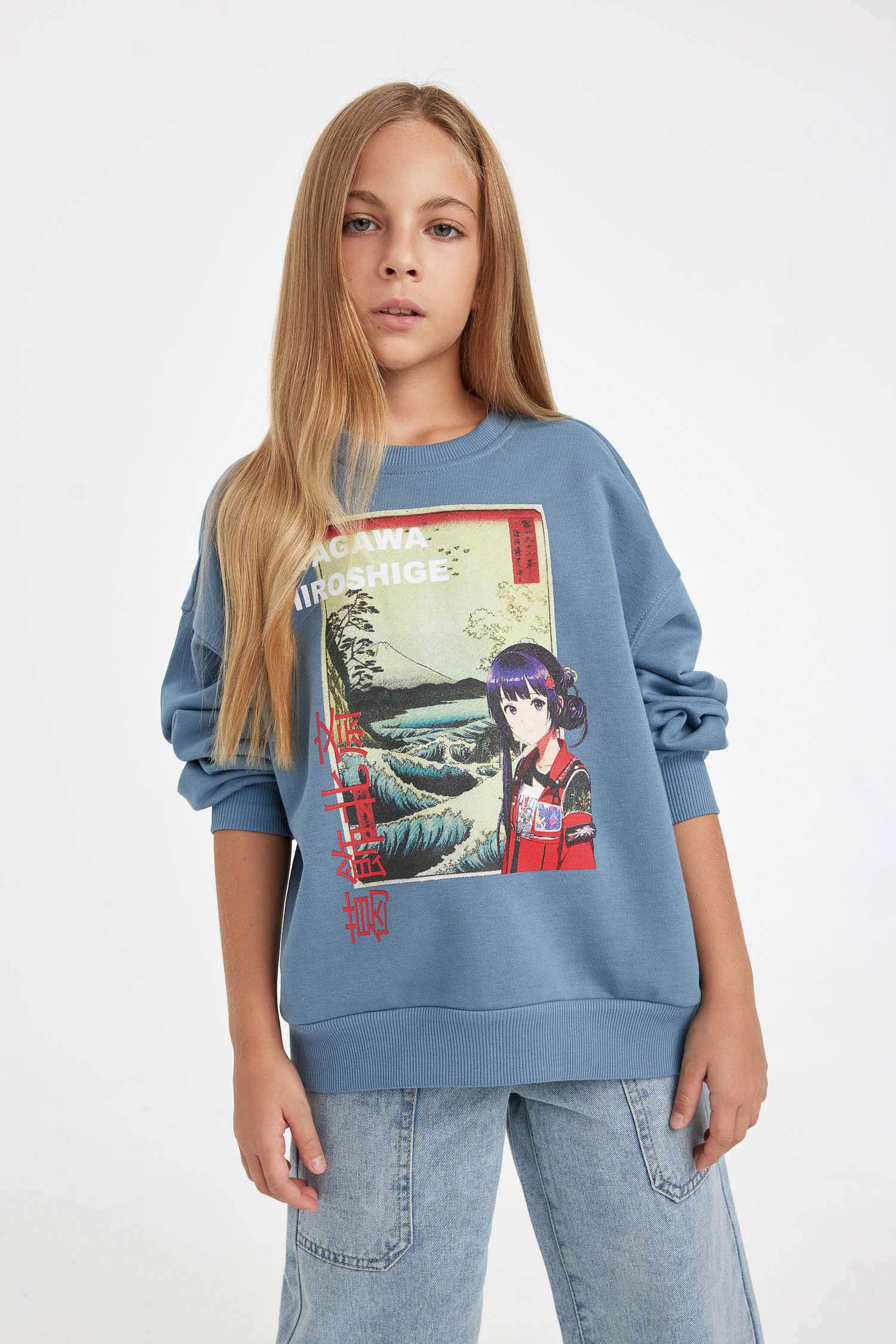 Kız Çocuk Hatsune Miku Relax Fit Bisiklet Yaka İçi Yumuşak Tüylü Sweatshirt