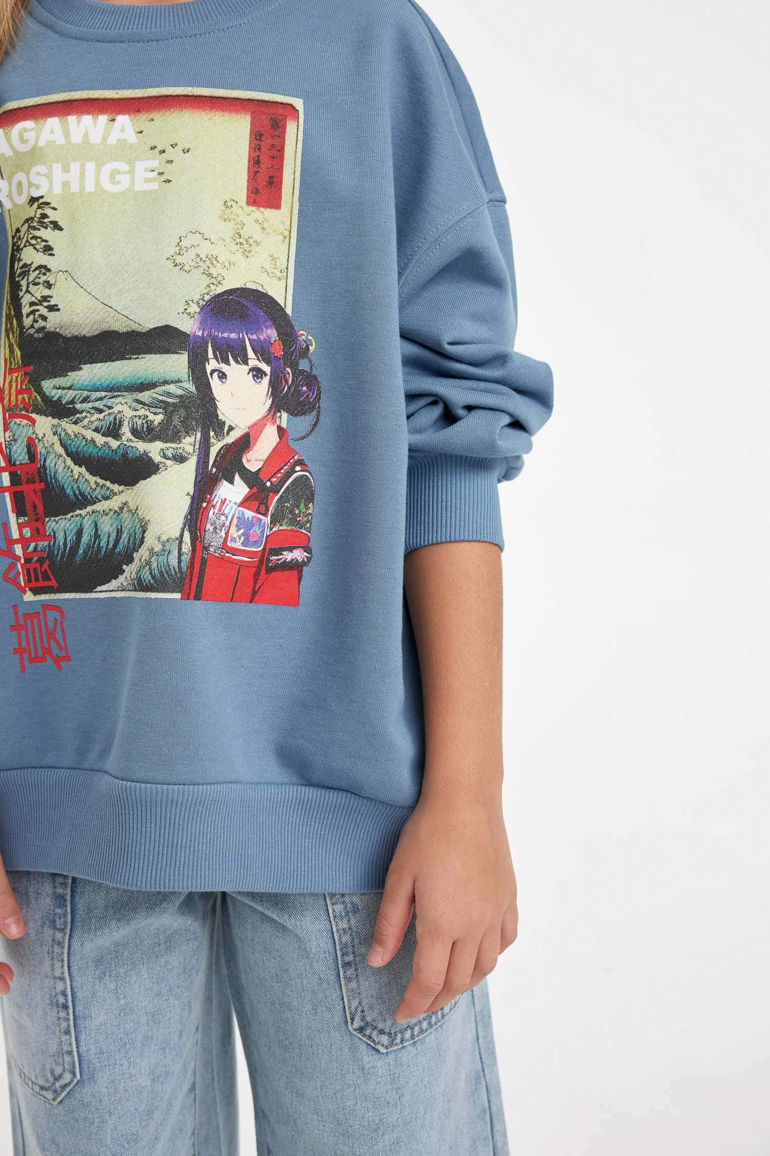 Kız Çocuk Hatsune Miku Relax Fit Bisiklet Yaka İçi Yumuşak Tüylü Sweatshirt
