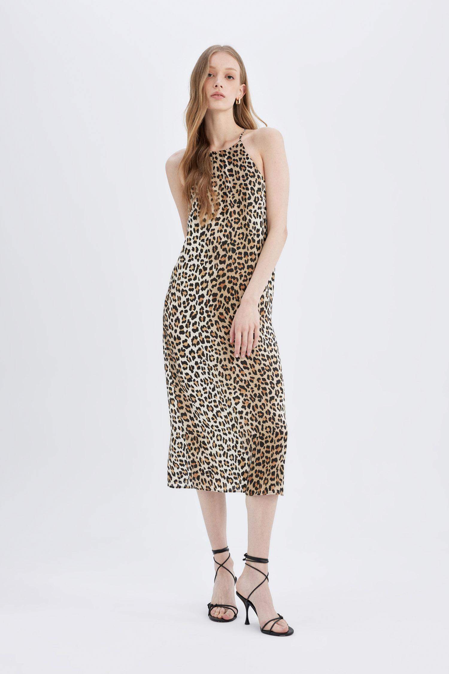 Halter Neck Leopard Patterned Slit Satin Maxi Dress