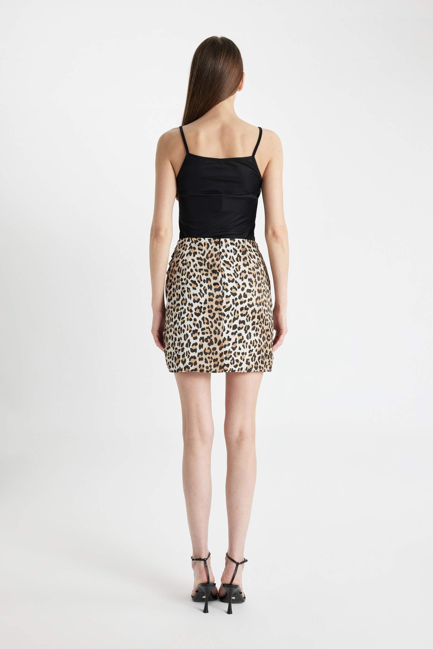 Mini Jupe en Satin à Taille Normale à Motif Léopard