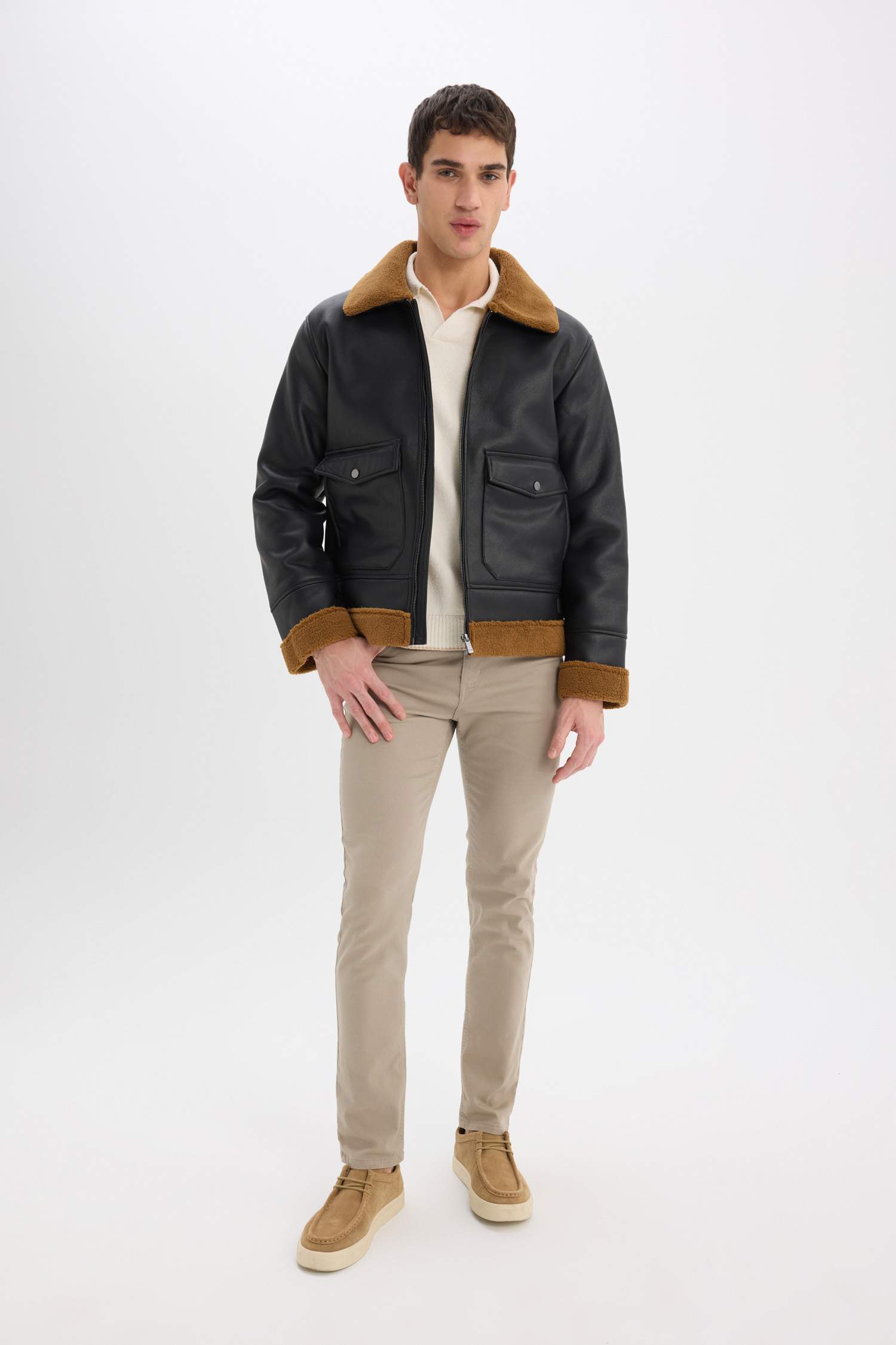 Slim Fit Polo Collar Faux Fur Lined Zippered Jacket