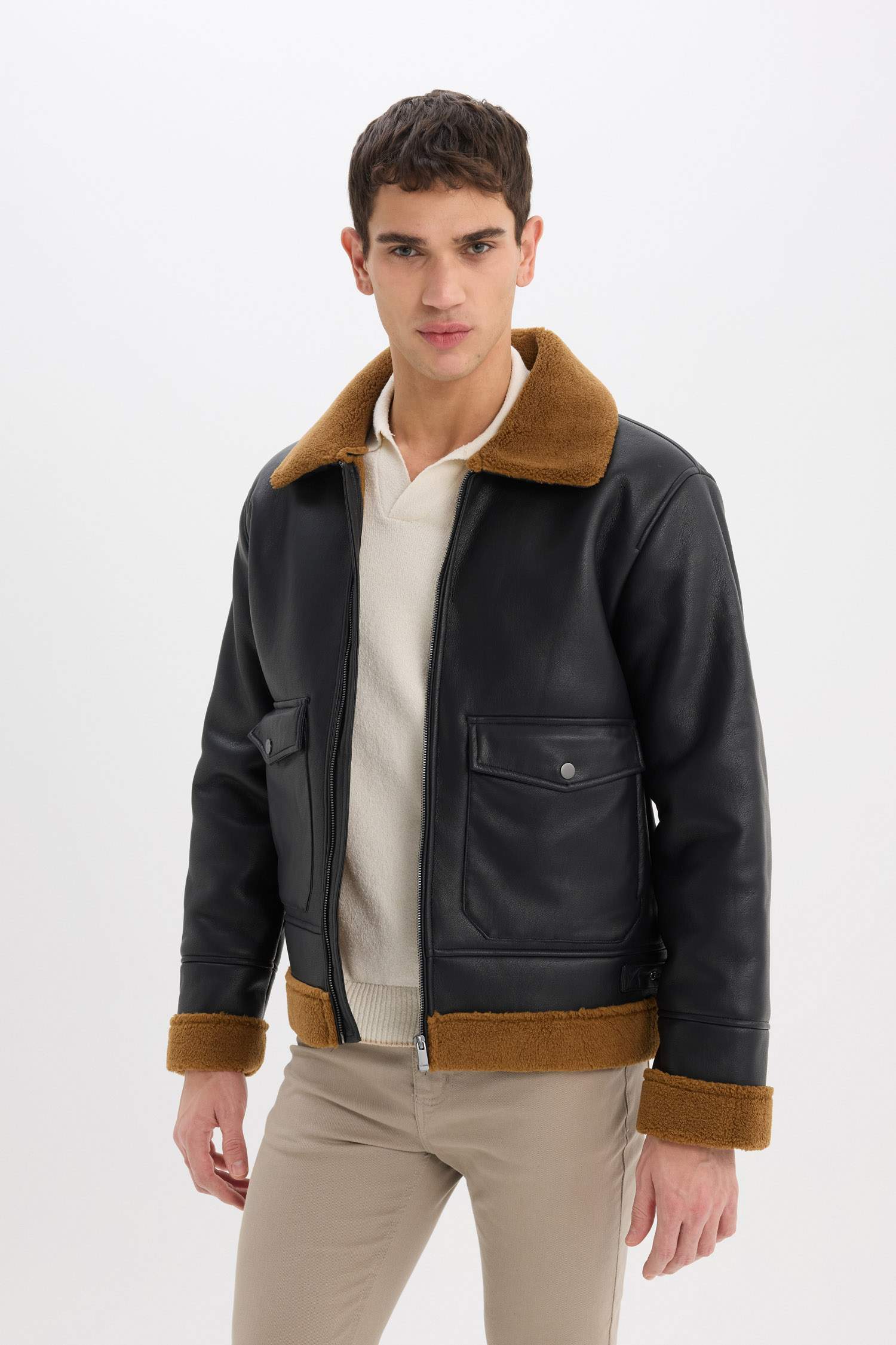 Slim Fit Polo Collar Faux Fur Lined Zippered Jacket