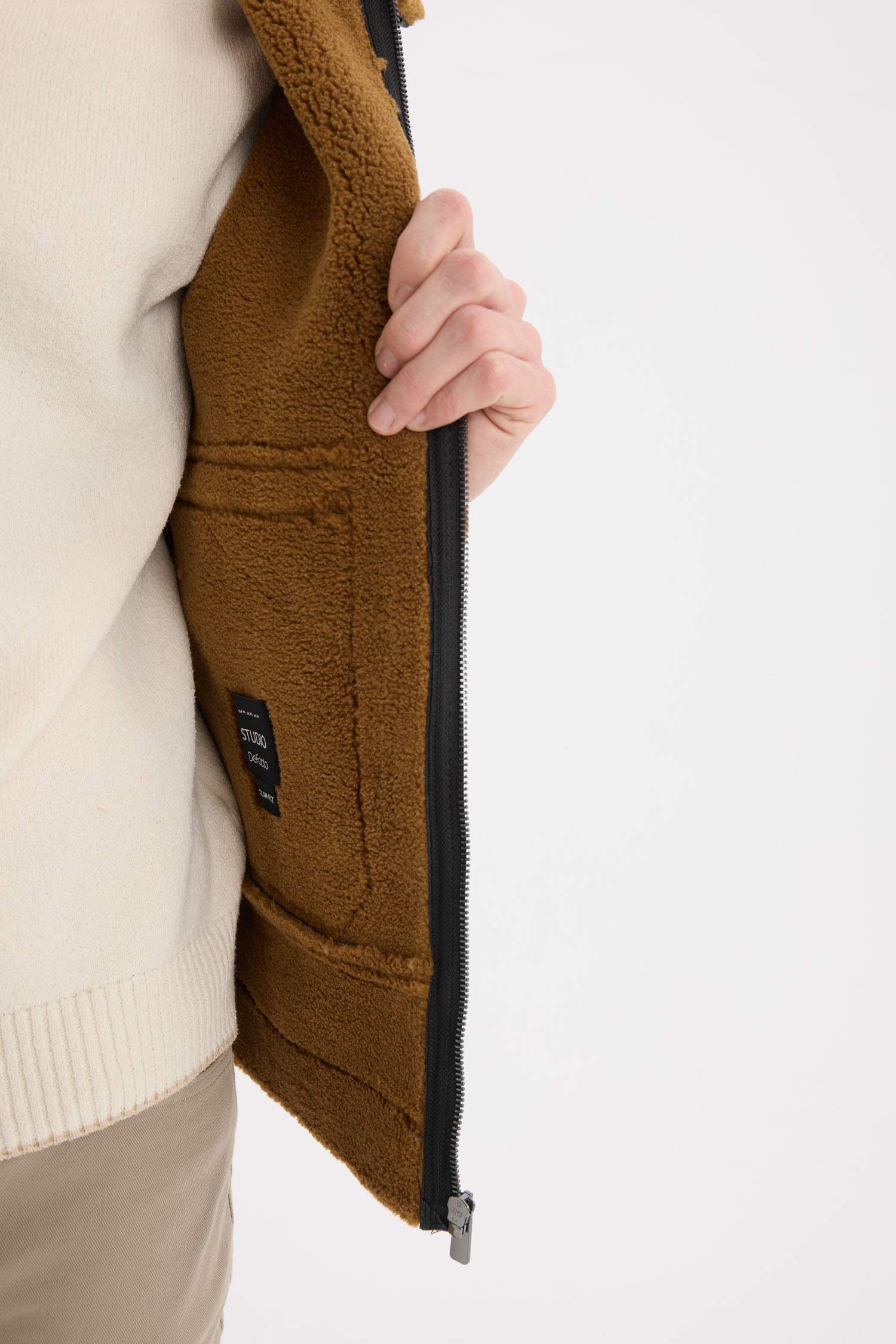 Slim Fit Polo Collar Faux Fur Lined Zippered Jacket