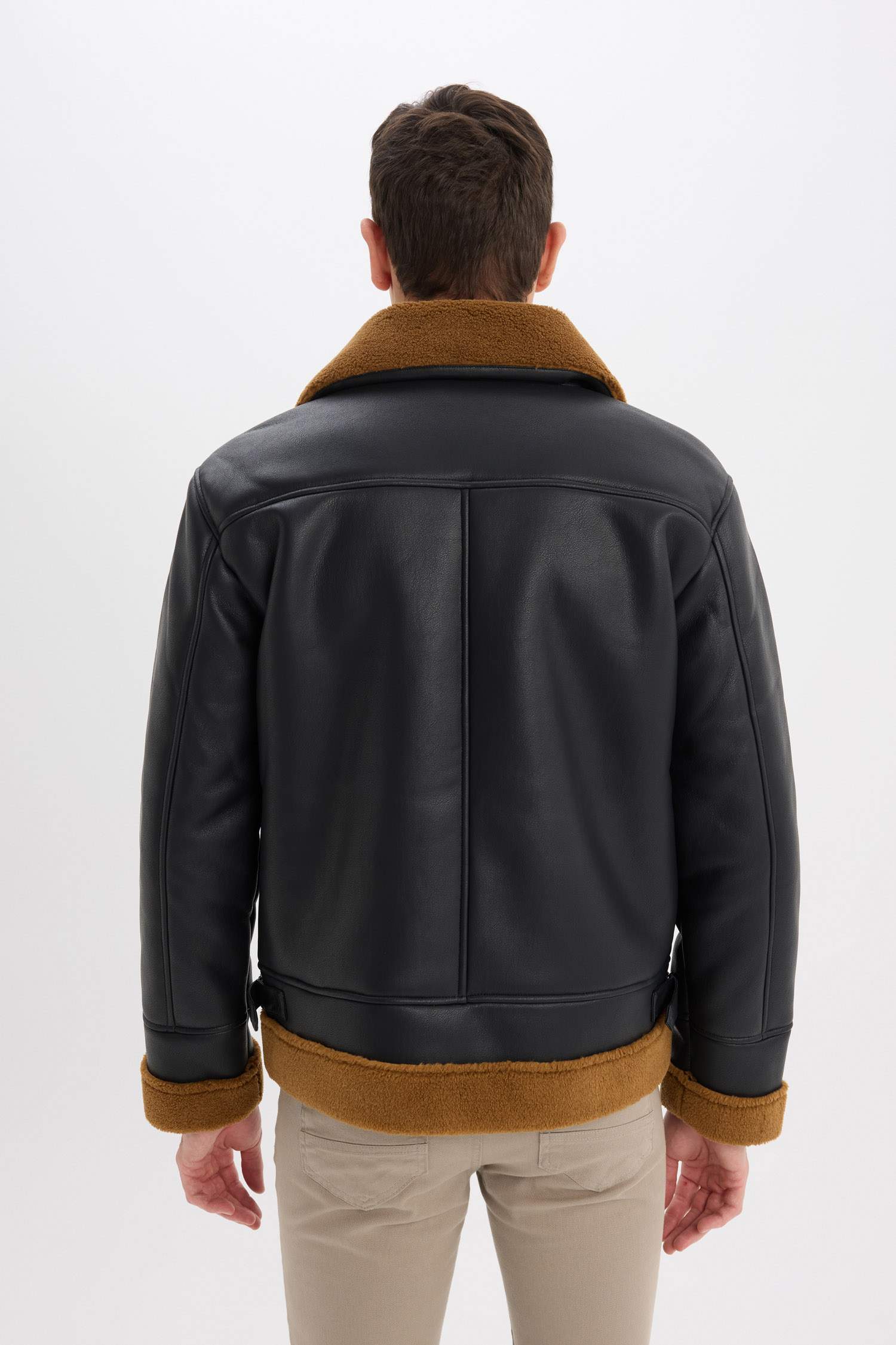 Slim Fit Polo Collar Faux Fur Lined Zippered Jacket