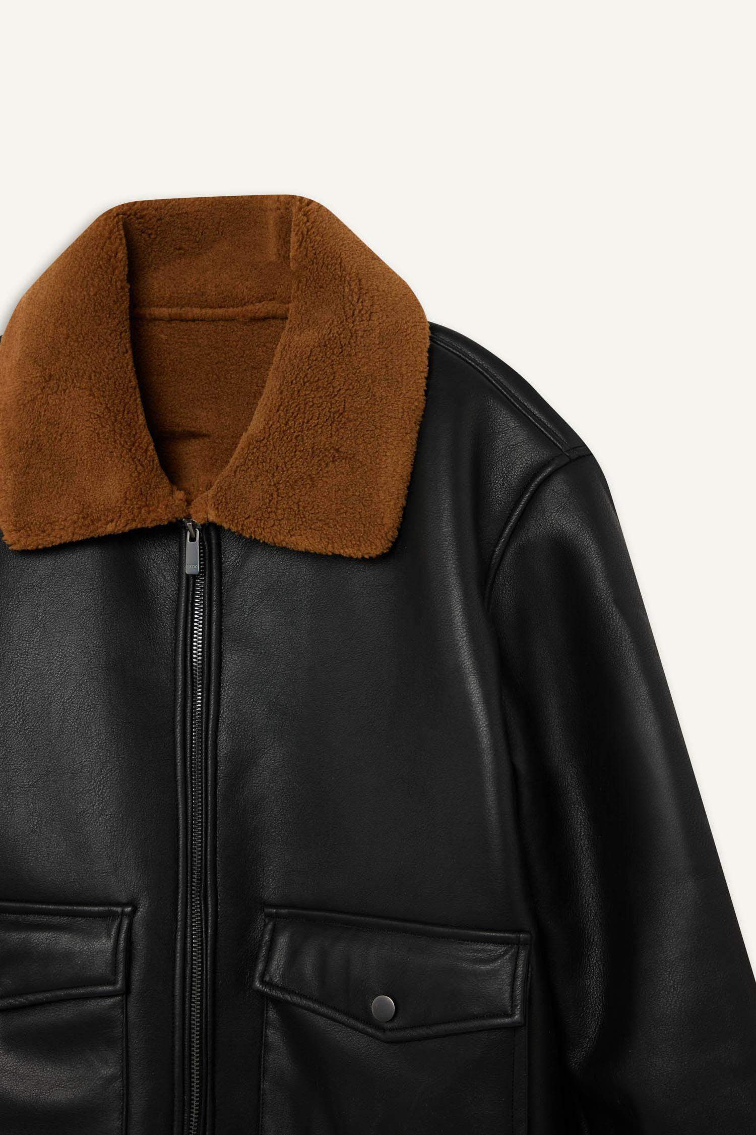 Slim Fit Polo Collar Faux Fur Lined Zippered Jacket