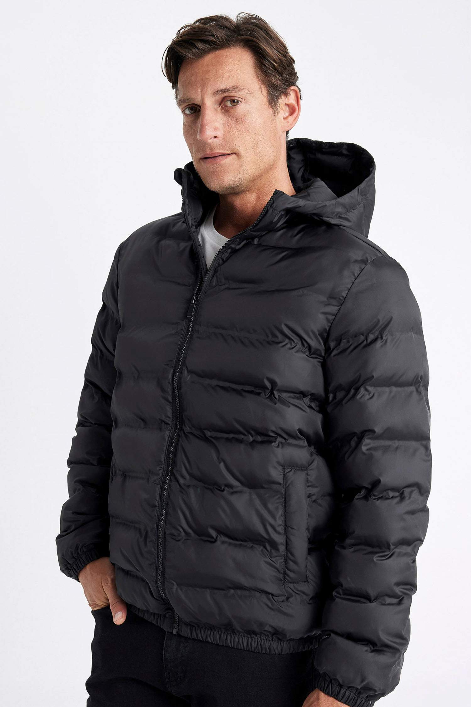 Su İtici Rüzgar Geçirmez Slim Fit Dar Kesim Astarlı Kapüşonlu Fermuarlı Cepli Kışlık Şişme Mont