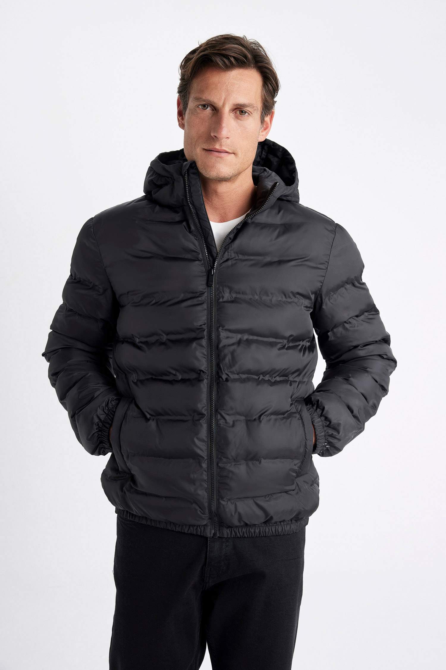 Su İtici Rüzgar Geçirmez Slim Fit Dar Kesim Astarlı Kapüşonlu Fermuarlı Cepli Kışlık Şişme Mont