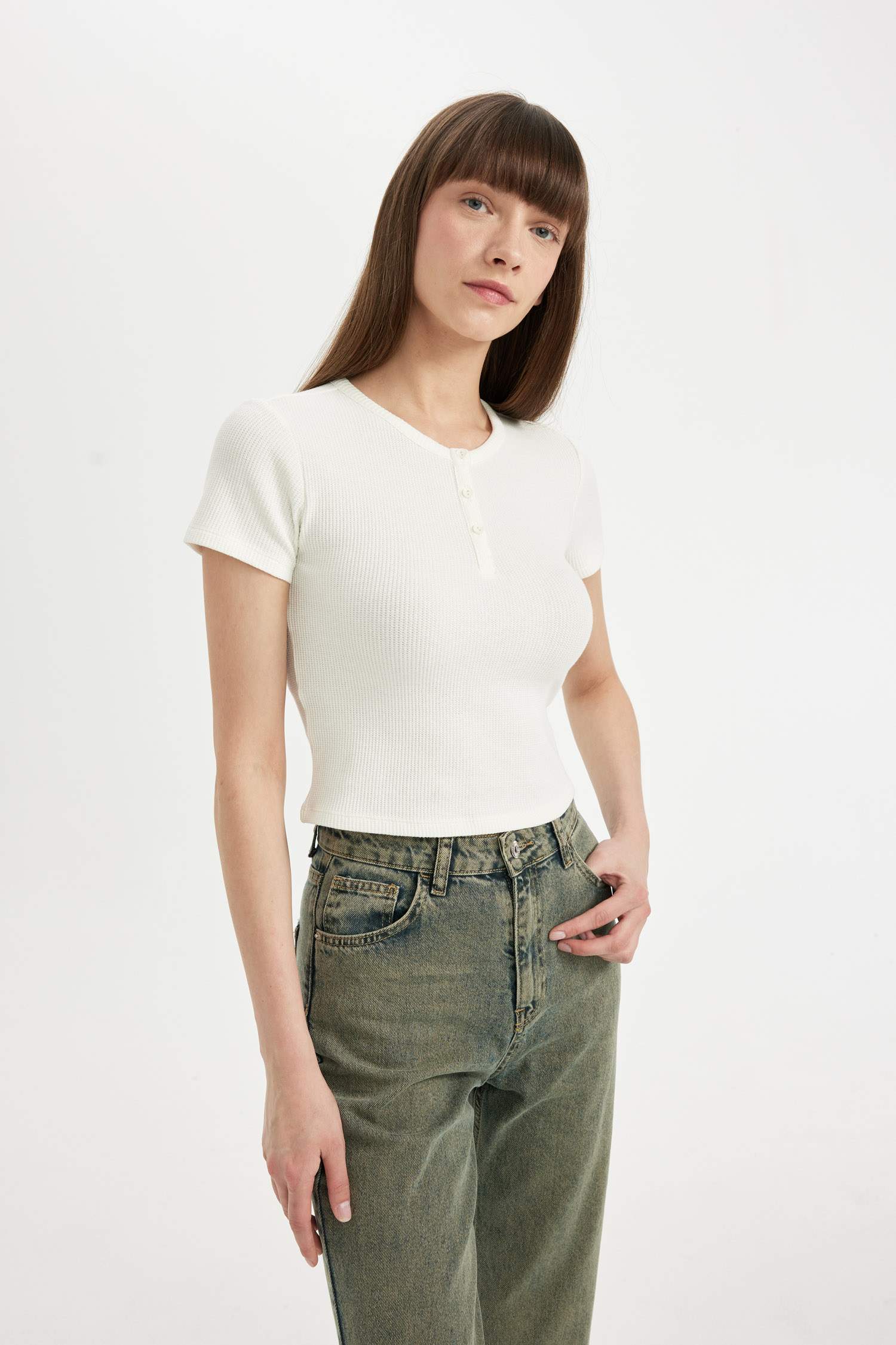 Fitted Crew Neck Waffle Short Sleeve T-Shirt