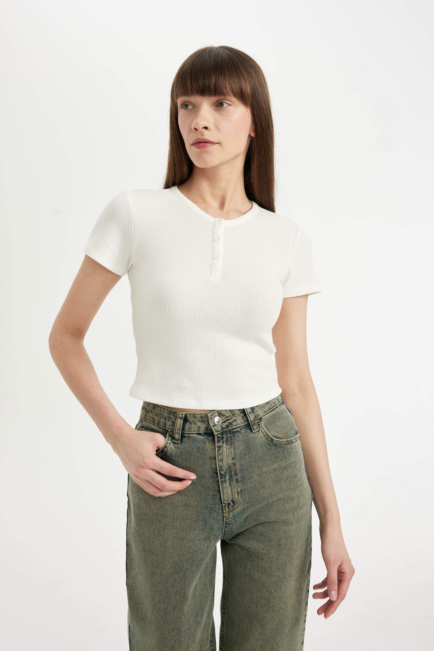 Fitted Crew Neck Waffle Short Sleeve T-Shirt