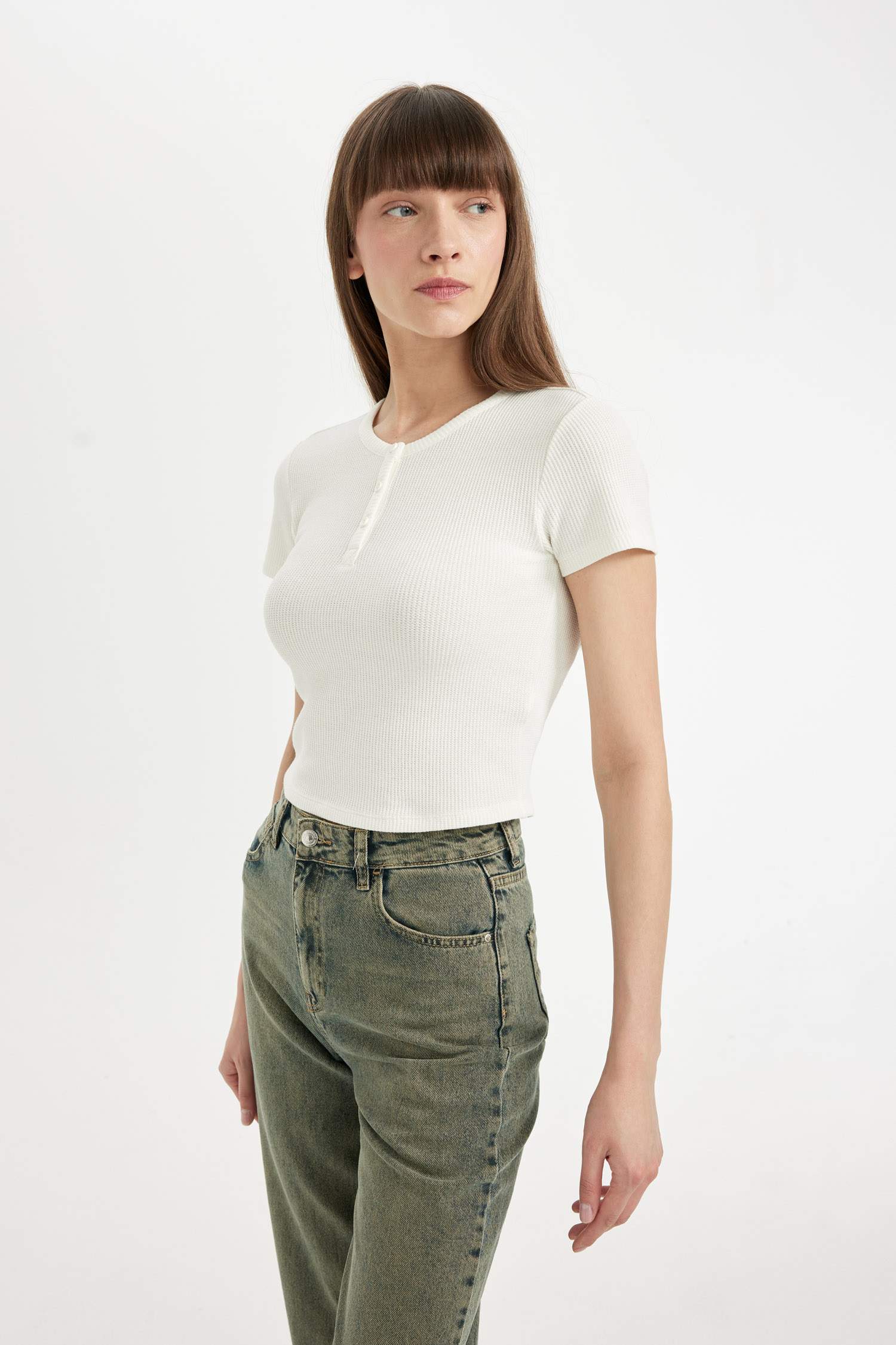 Fitted Crew Neck Waffle Short Sleeve T-Shirt