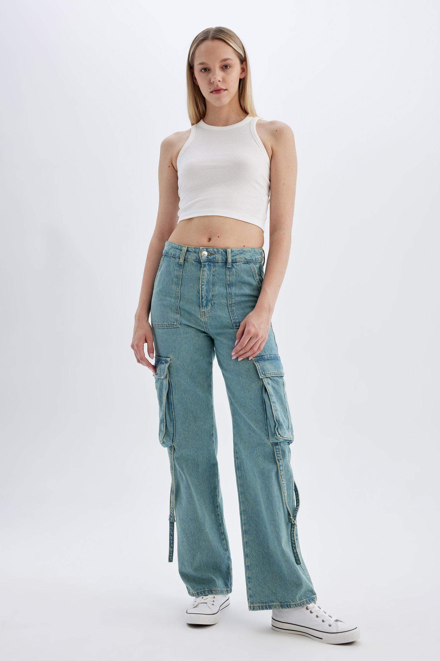 Wide Leg Cargo High Waist Long Washed Jeans
