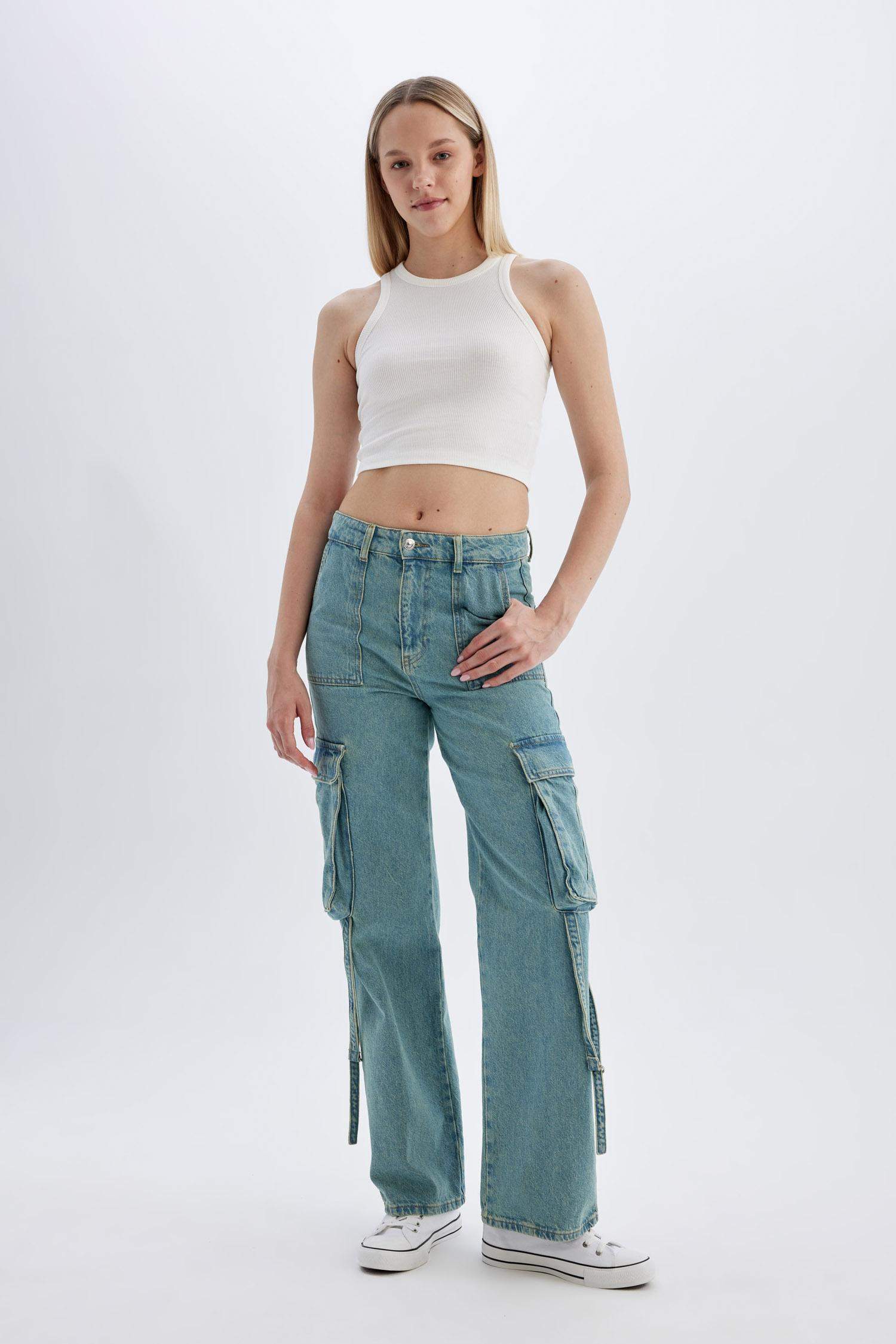 Wide Leg Cargo High Waist Long Washed Jeans