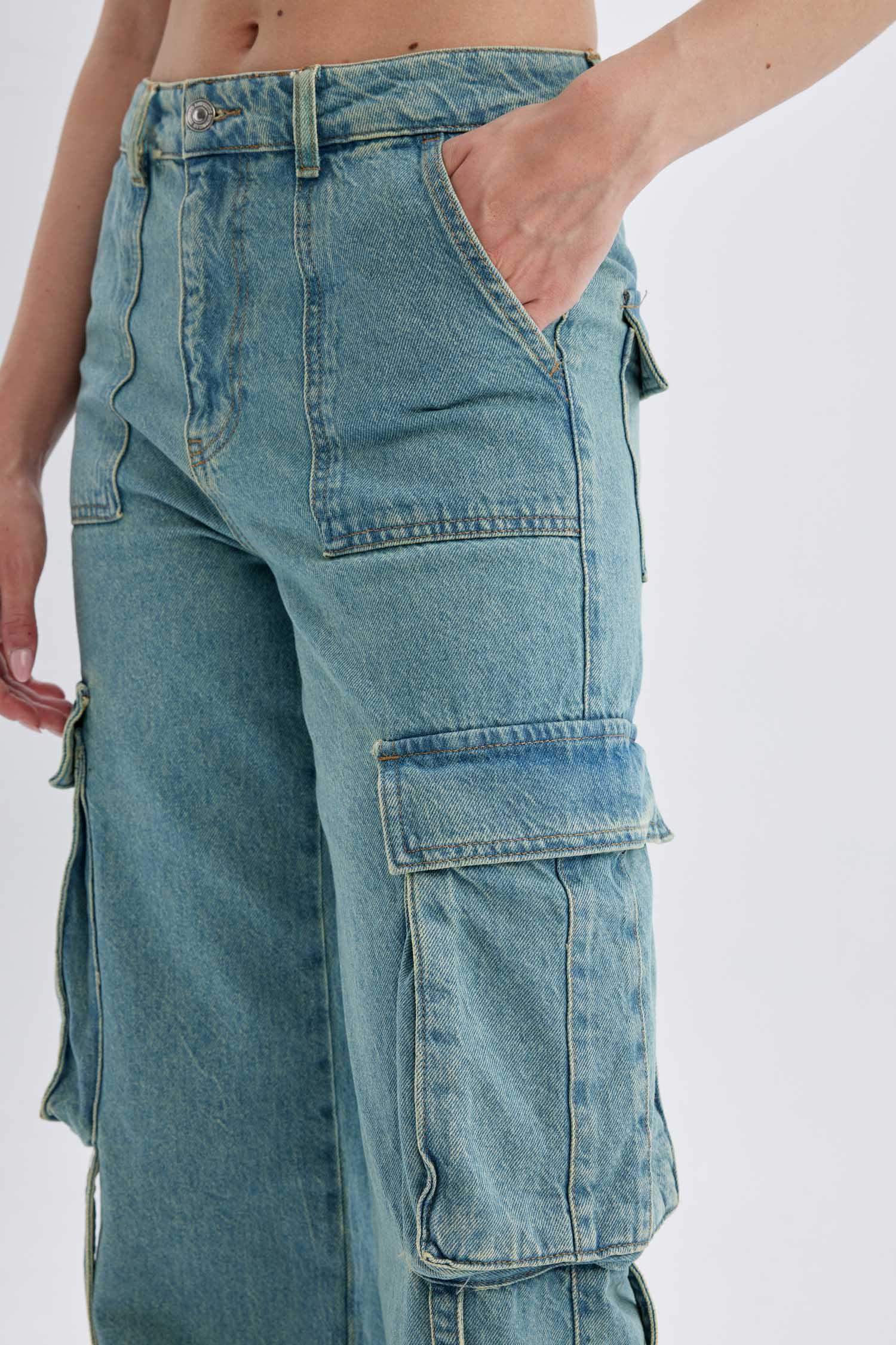 Wide Leg Cargo High Waist Long Washed Jeans