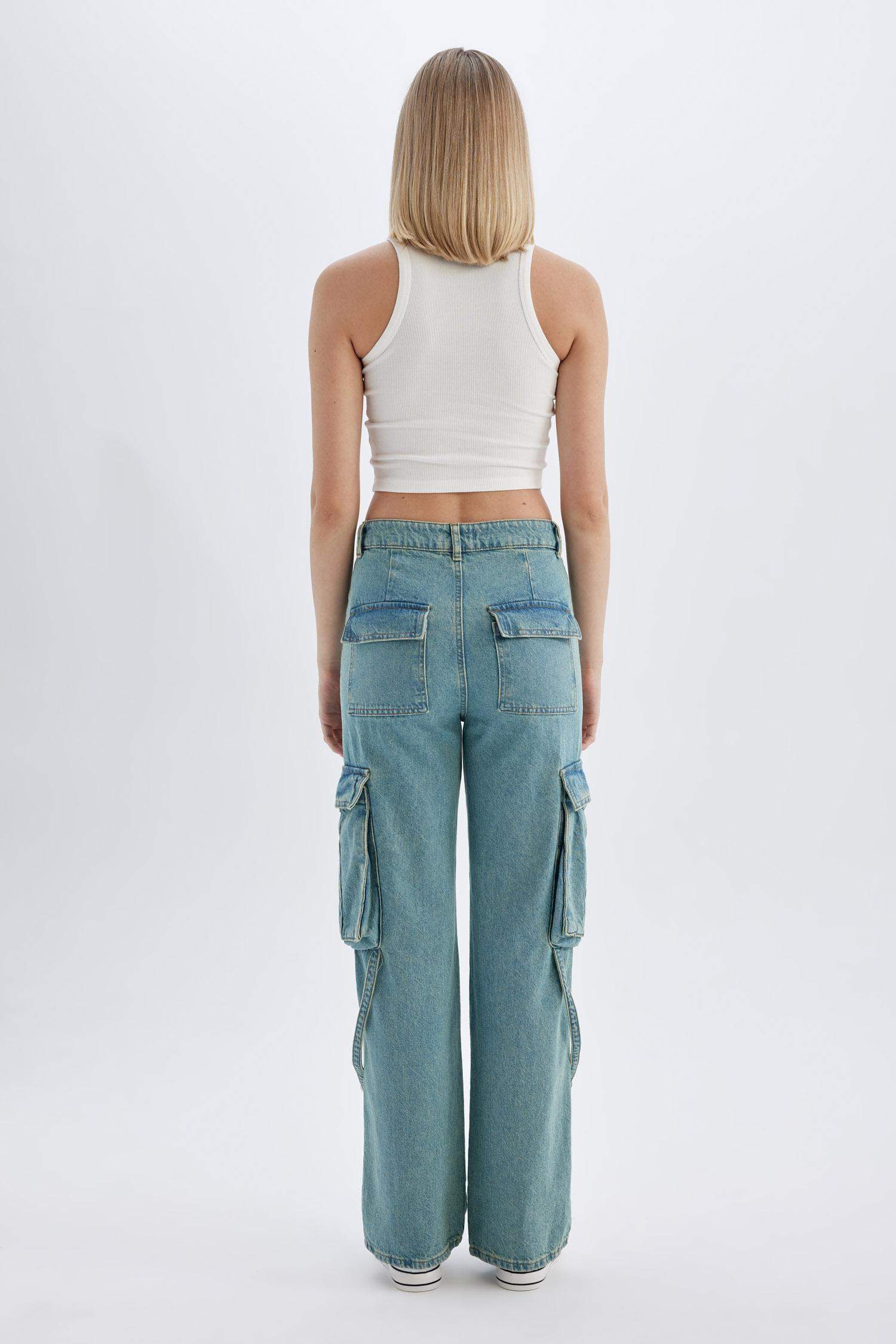 Indigo WOMAN Wide Leg Cargo High Waist Long Washed Jeans Indigo WOMAN Wide Leg Cargo High Waist Long Washed Jeans