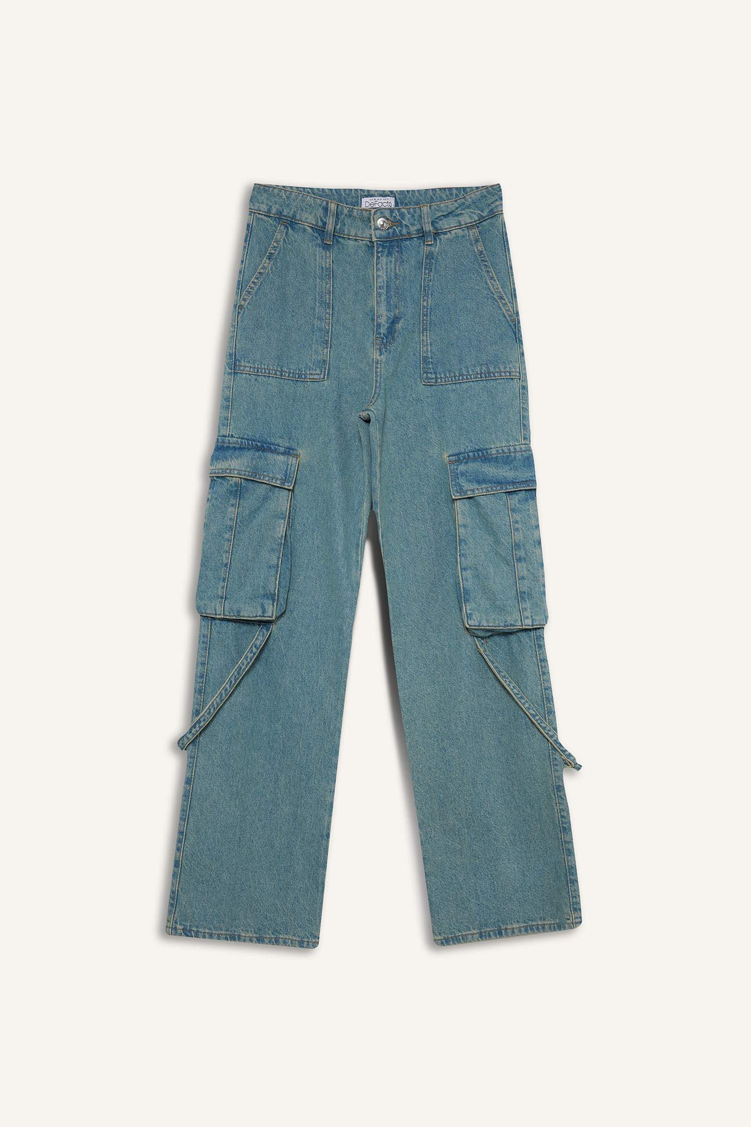 Wide Leg Cargo High Waist Long Washed Jeans