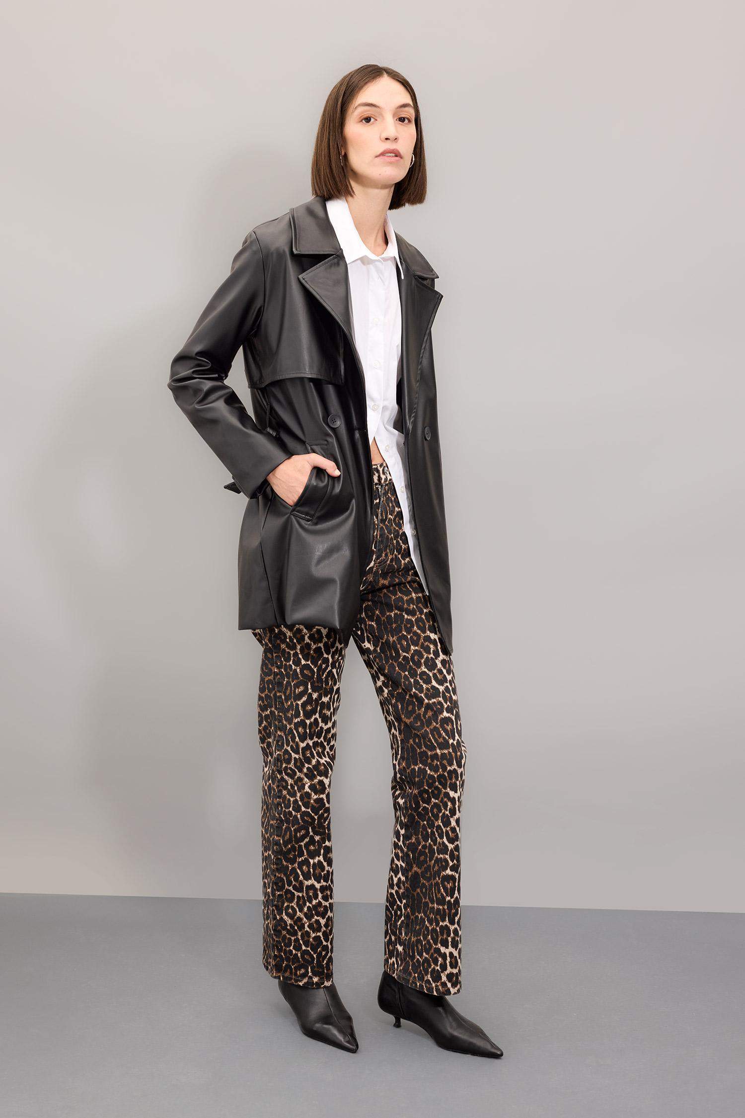 Straight Fit Leopar Gabardin Palazzo Pantolon Yüksek Bel Cepli Uzun