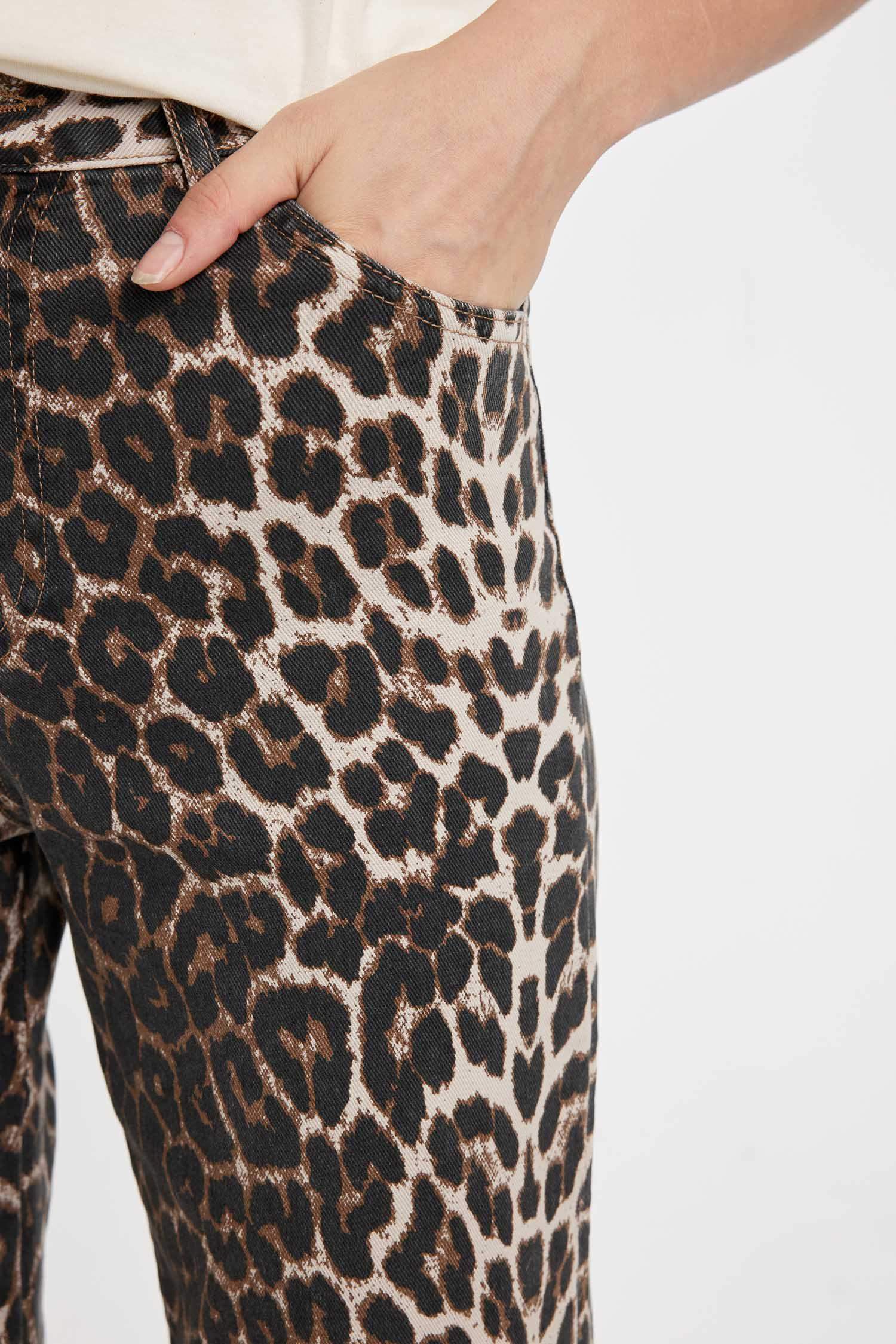Straight Fit Leopar Gabardin Palazzo Pantolon Yüksek Bel Cepli  Uzun