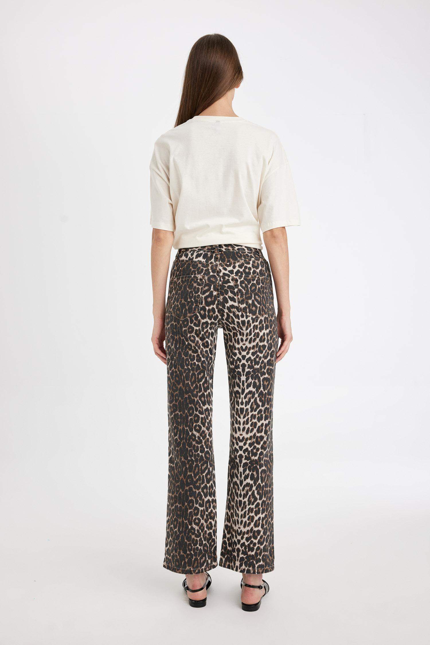 Straight Fit Leopar Gabardin Palazzo Pantolon Yüksek Bel Cepli  Uzun