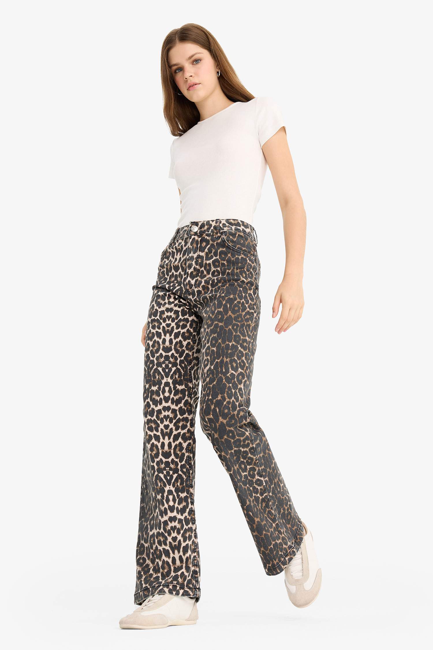 Pantalon en gabardine imprimé léopard taille haute Coupe droite