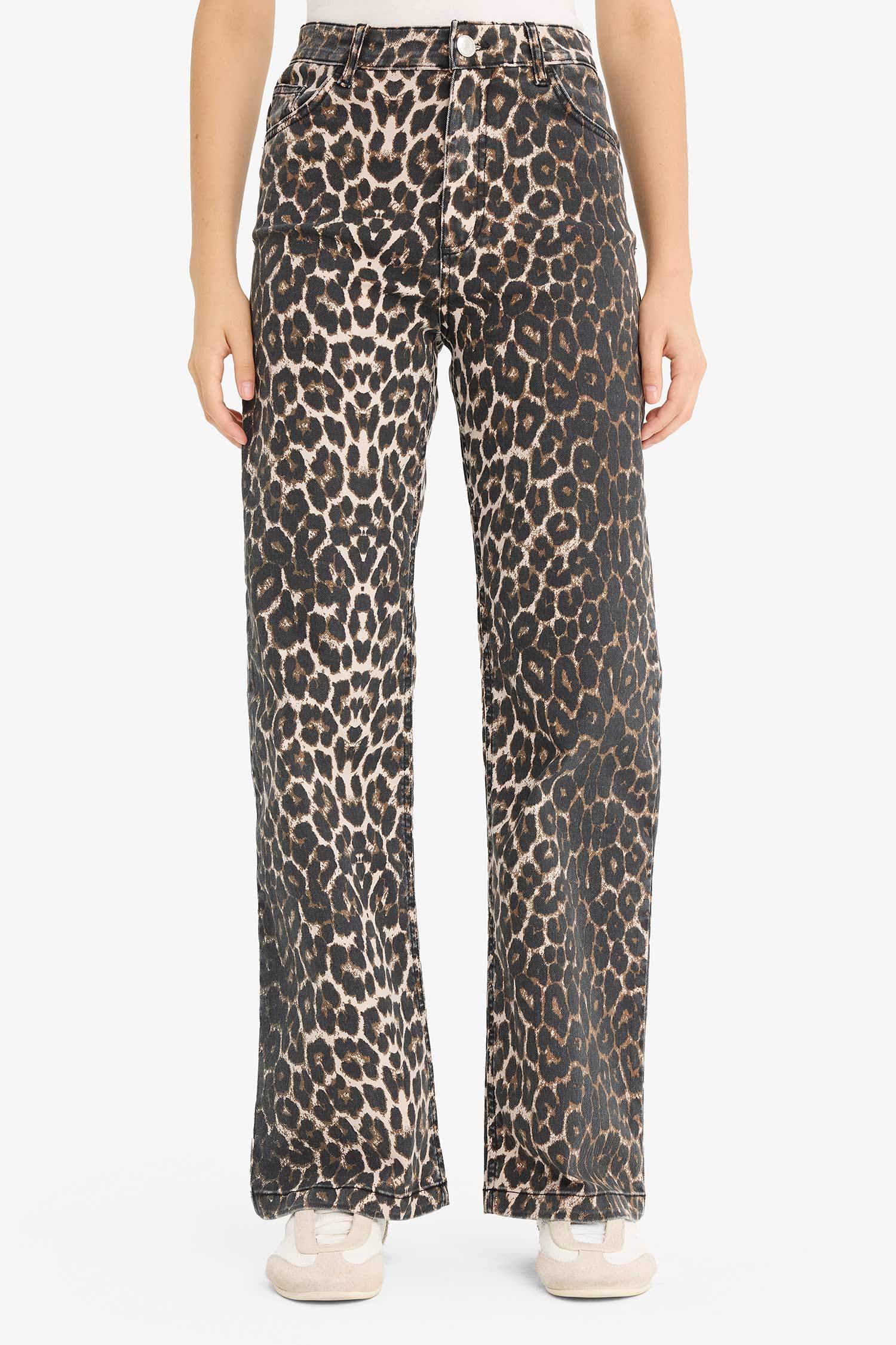 Pantalon en gabardine imprimé léopard taille haute Coupe droite