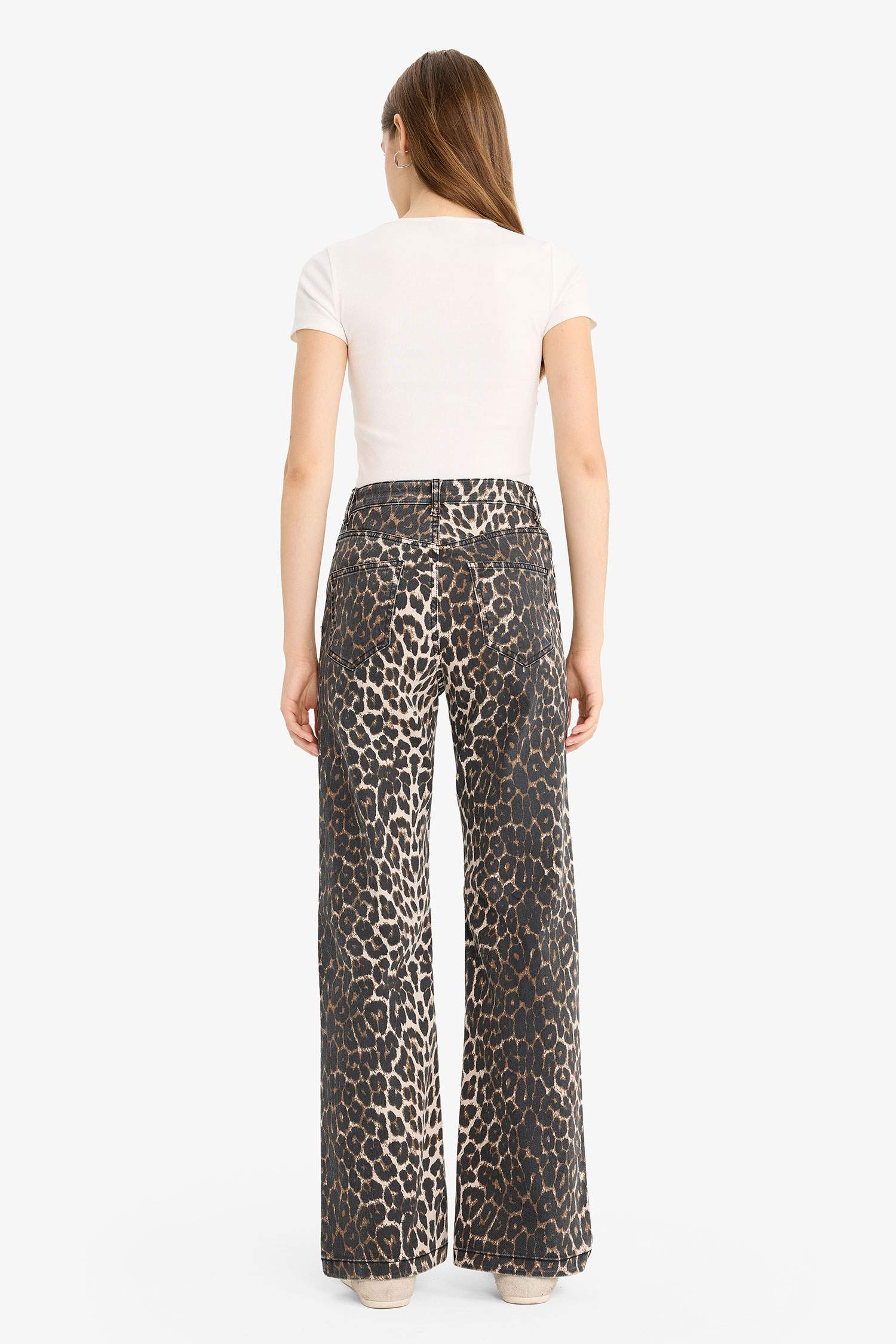 Pantalon en gabardine imprimé léopard taille haute Coupe droite