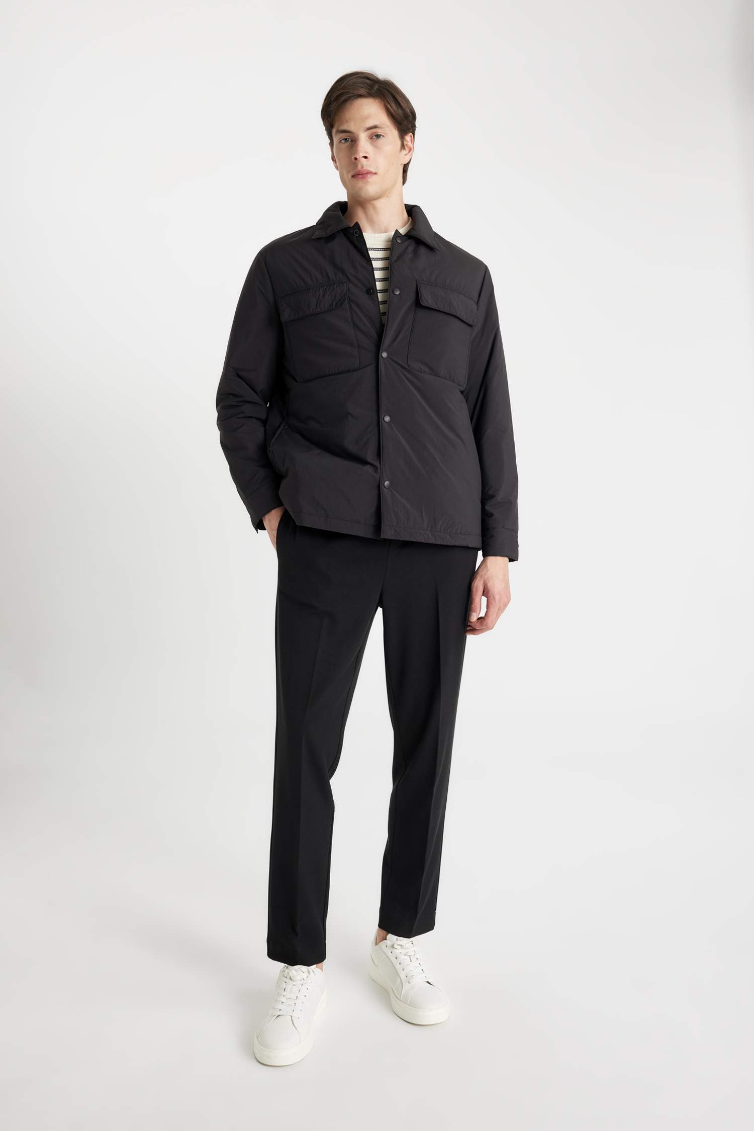 Su İtici Slim Fit Dar Kesim Gömlek Yaka Çıtçıtlı Cepli Şişme Mont