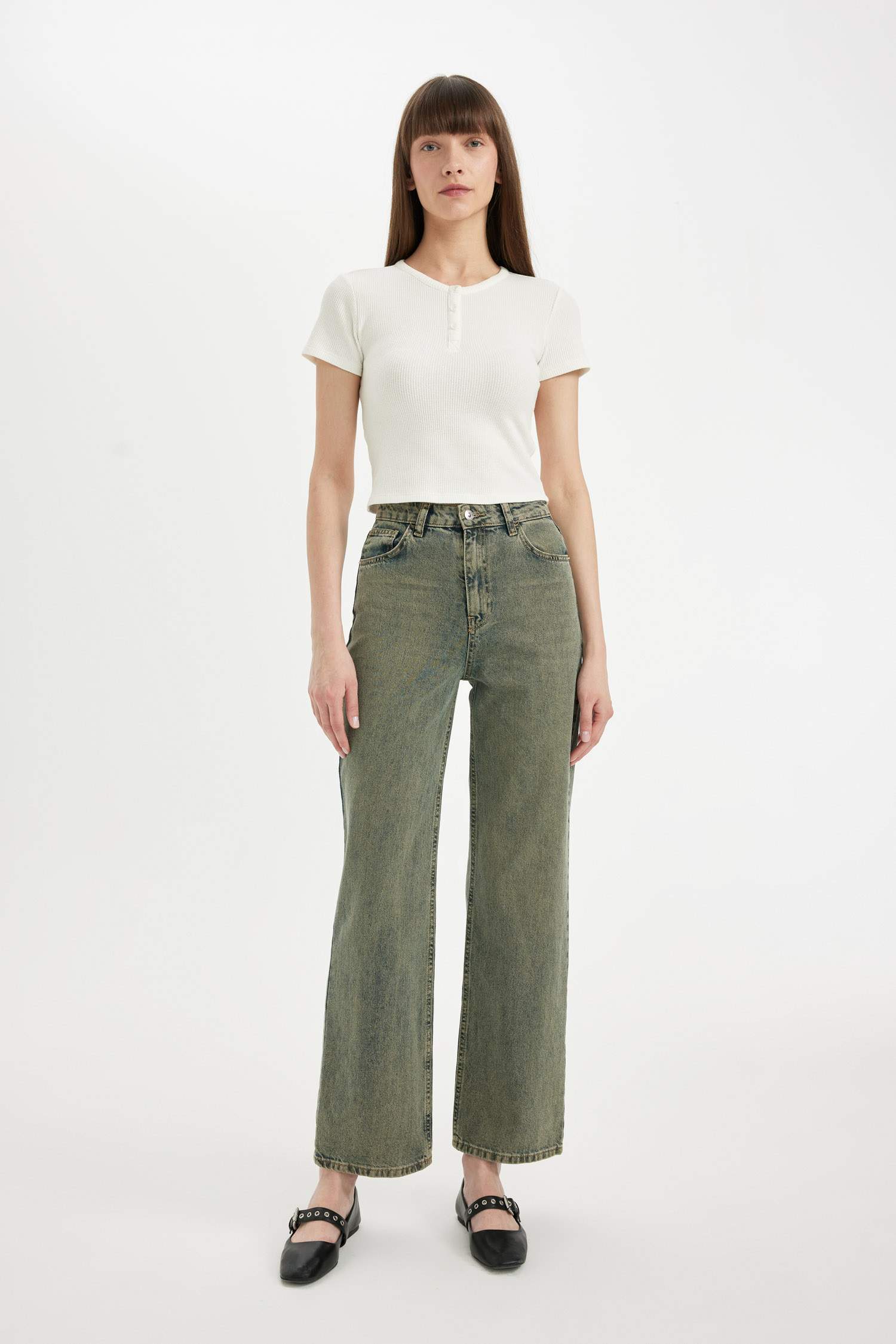 Wide Leg High Waist Long Washed Jeans