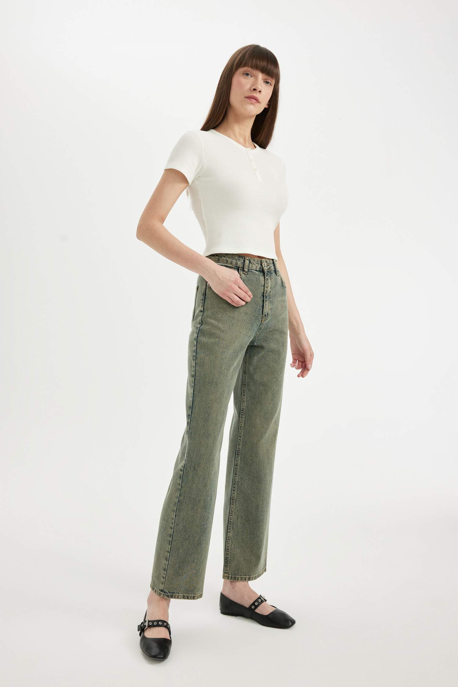 Wide Leg High Waist Long Washed Jeans