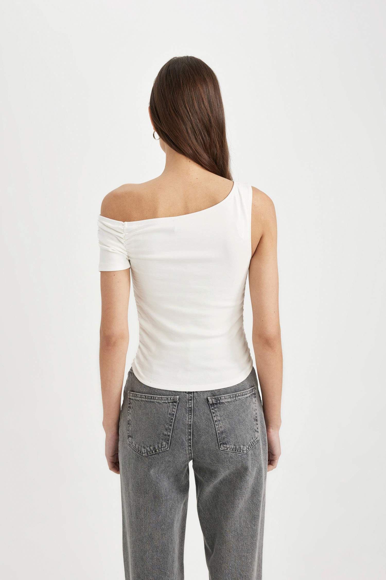 Slim Fit Dar Kesim Tek Omuzlu Ribana Kısa Kollu Tişört