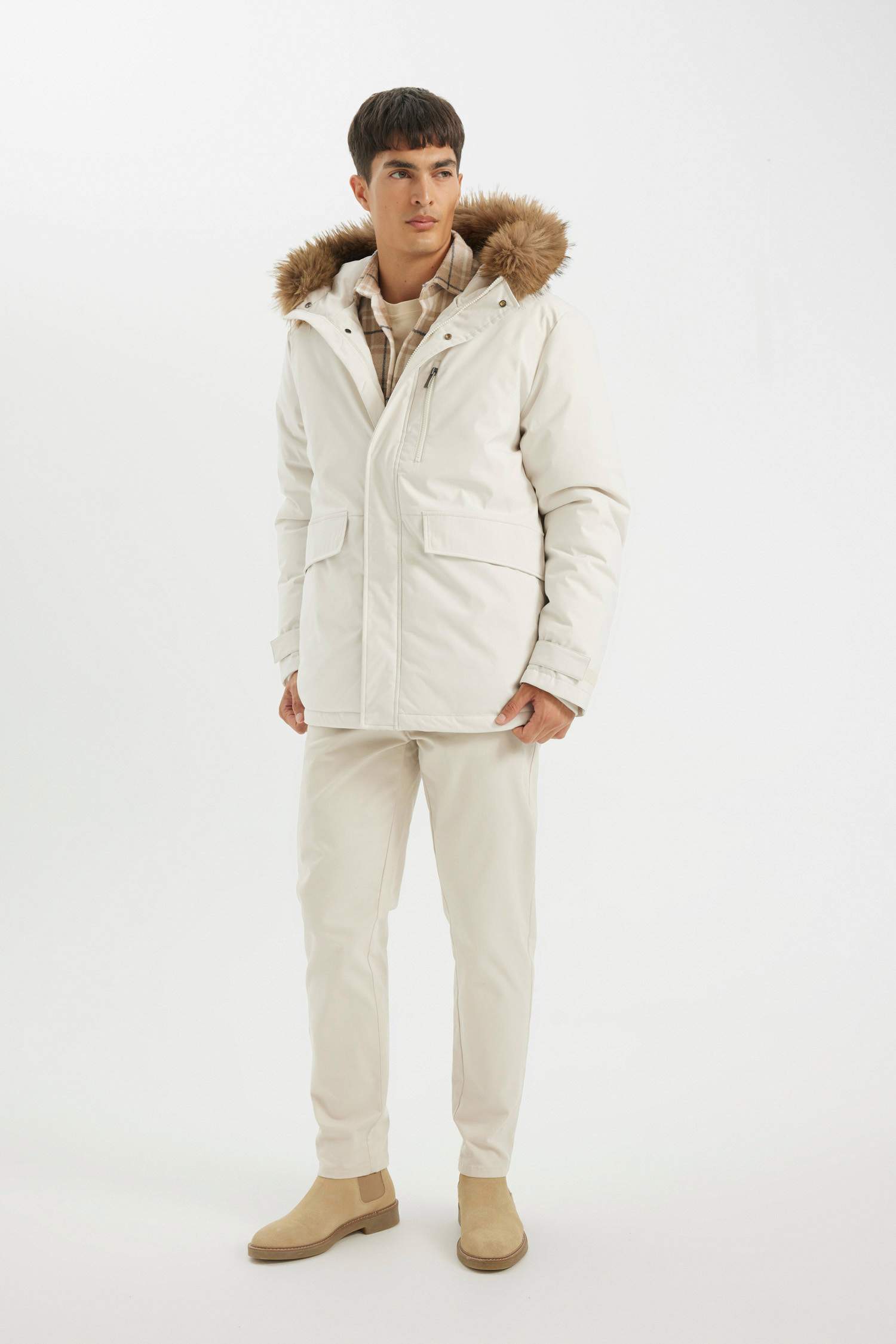 Regular Fit Kapüşonlu Fermuarlı Cepli Kürklü Mont Parka