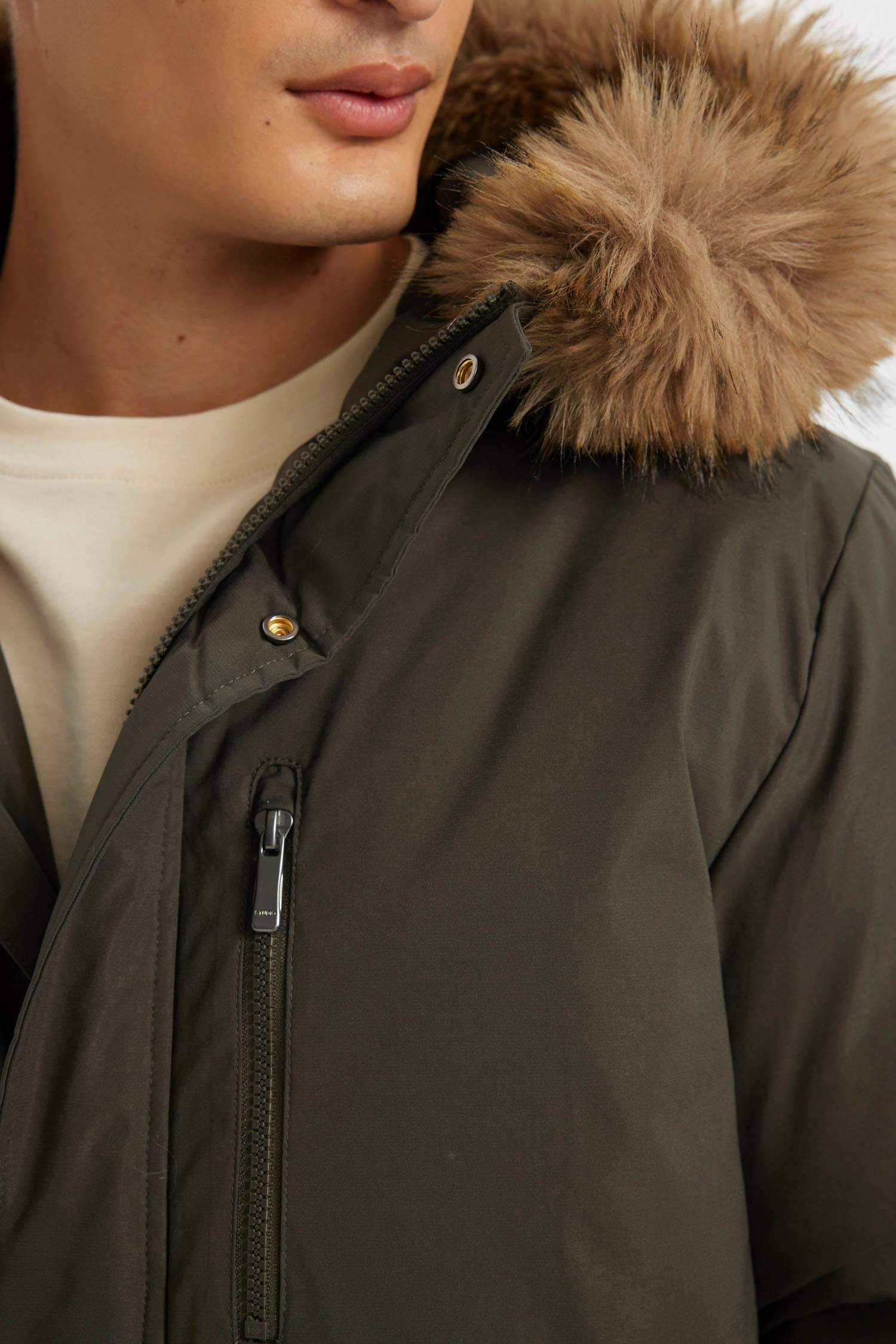 Regular Fit Kapüşonlu Fermuarlı Cepli Kürklü Mont Parka