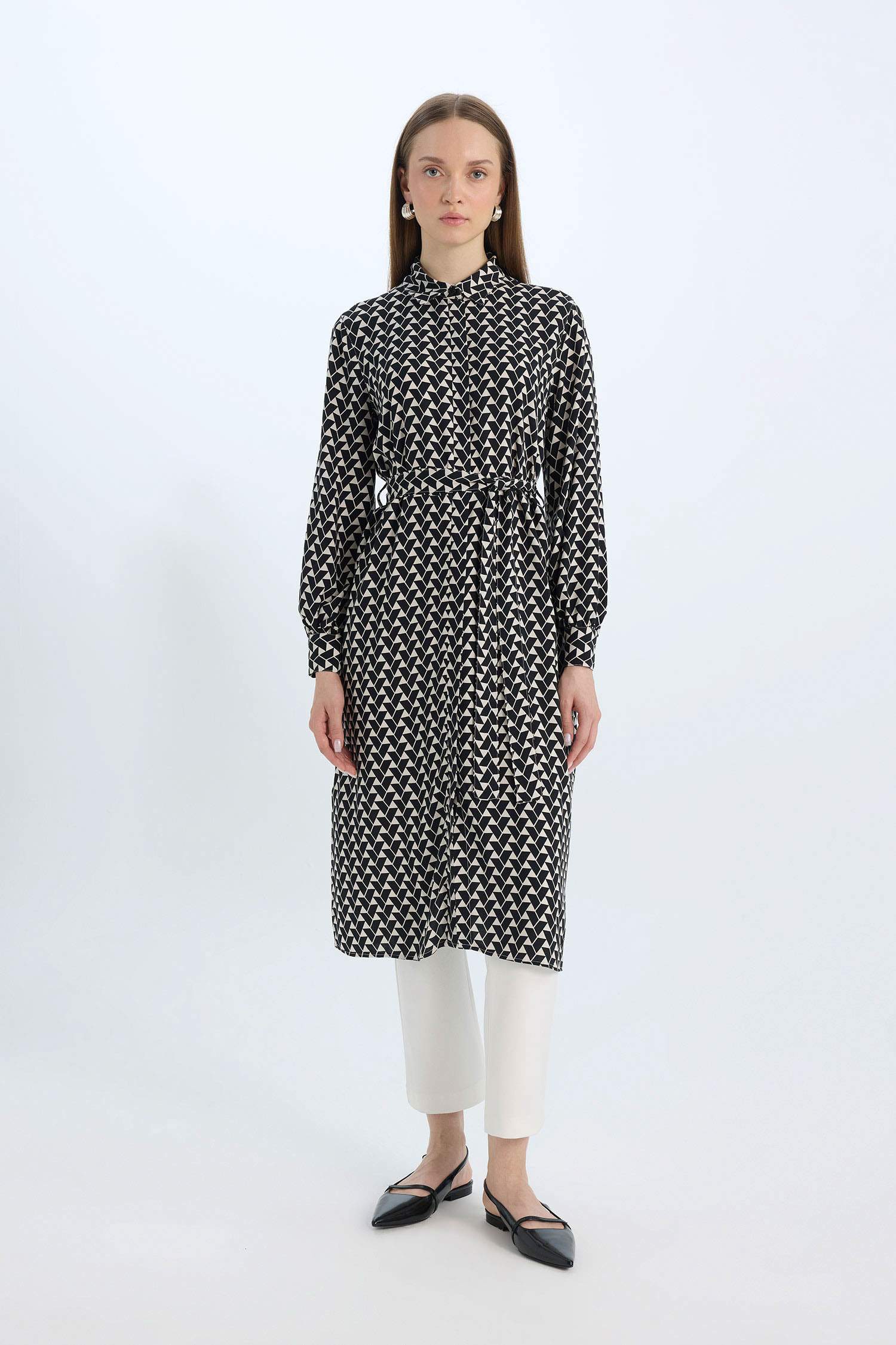 Regular Fit Desenli Kuşaklı Uzun Kollu Gömlek Tunik