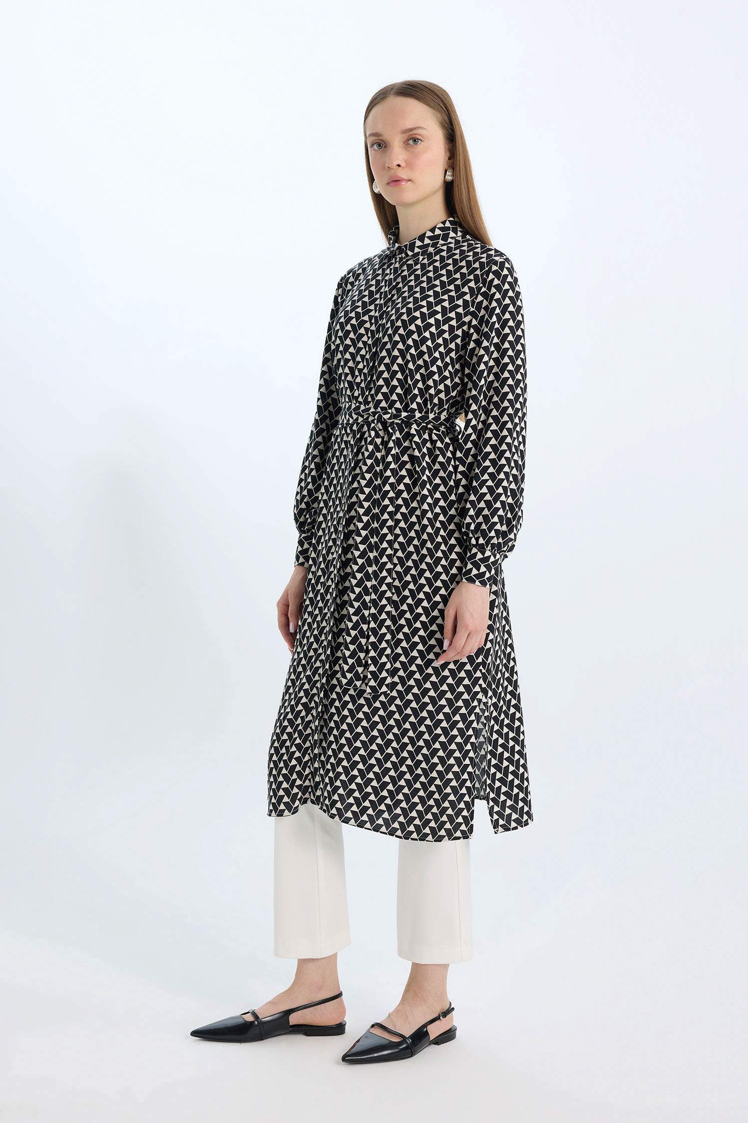 Regular Fit Desenli Kuşaklı Uzun Kollu Gömlek Tunik