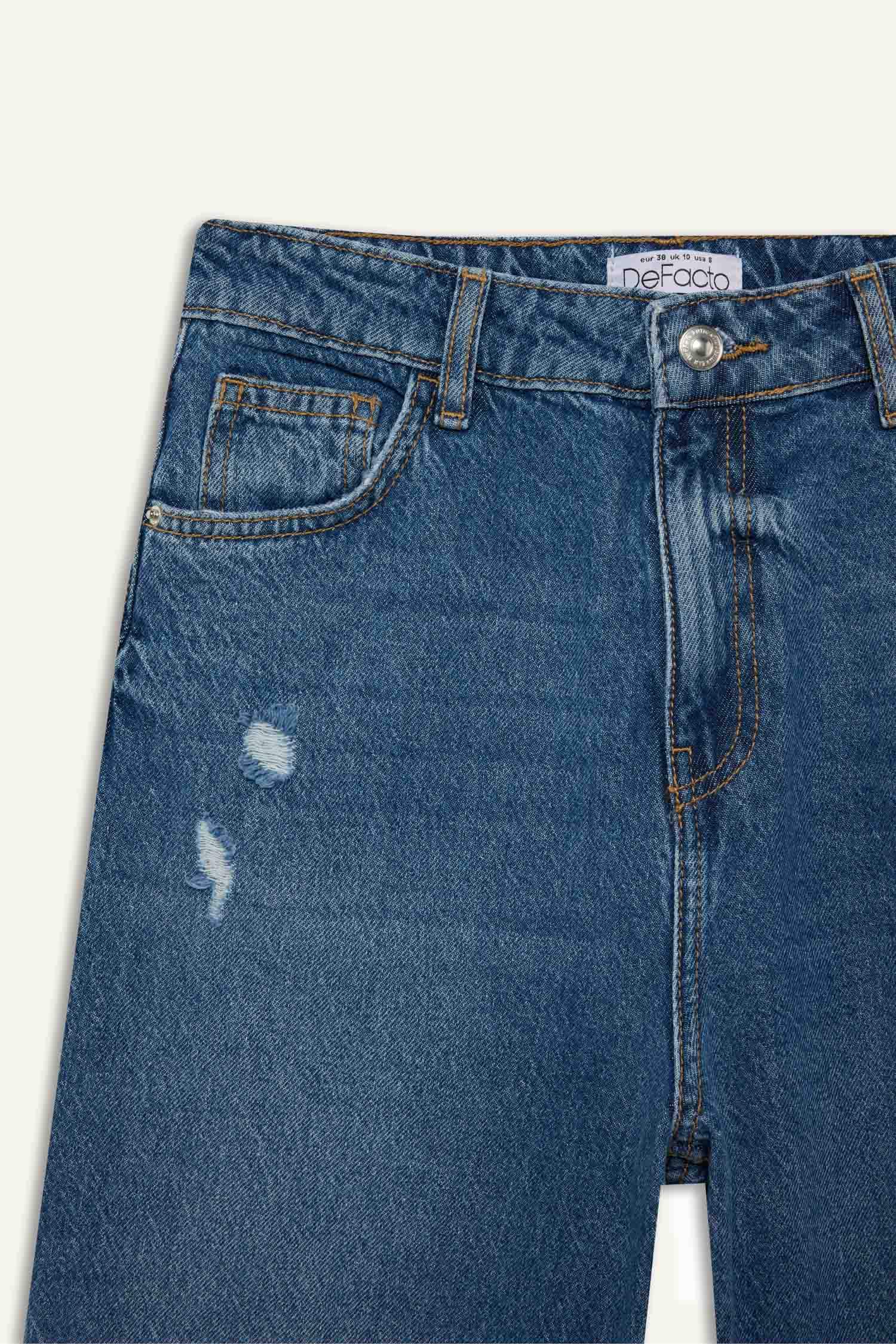 90's Wide Leg Yırtık Detaylı Yüksek Bel Uzun Jean Yıkamalı Pantolon