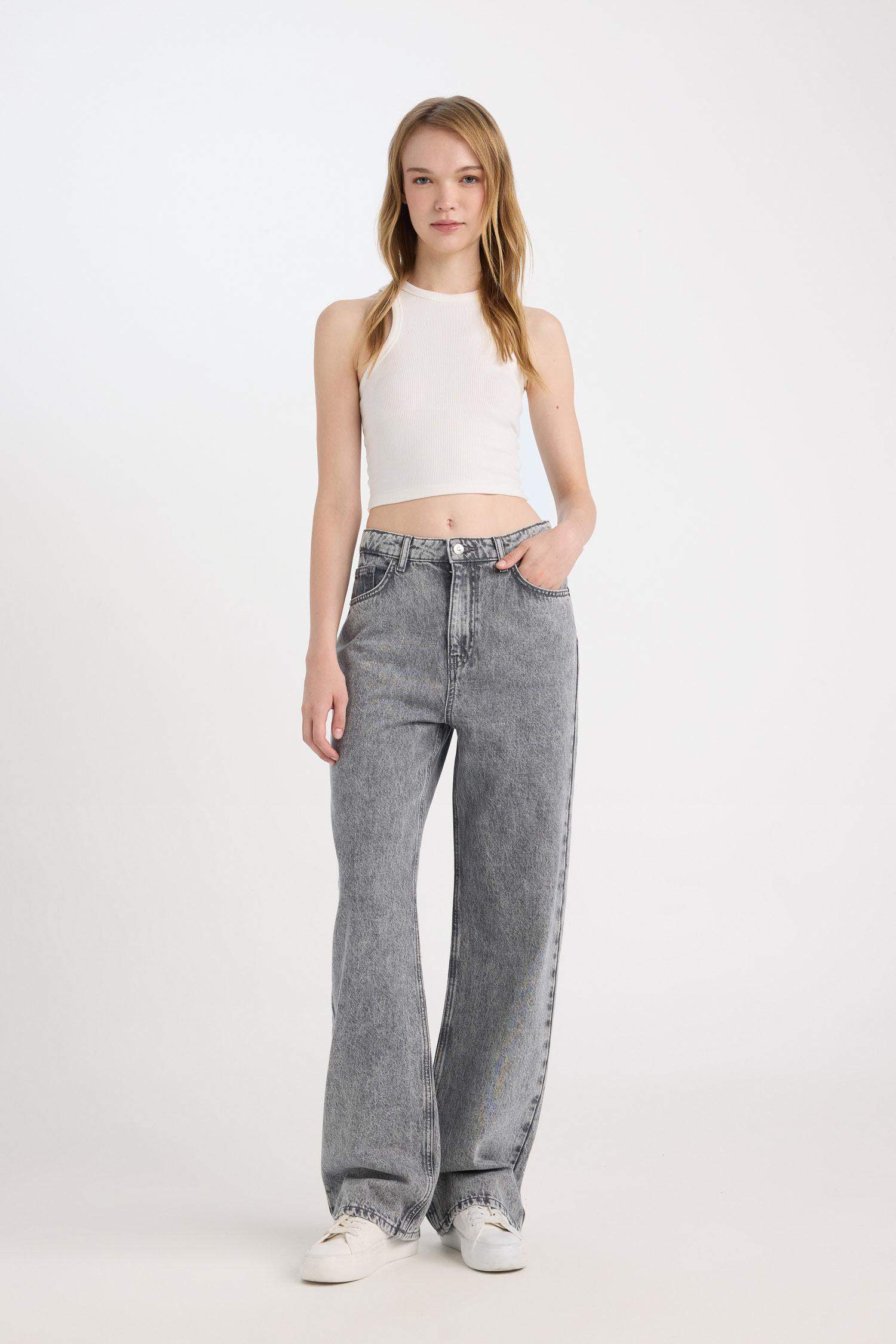 90's Wide Leg Yüksek Bel Geniş Paça Jean Yıkamalı Pantolon