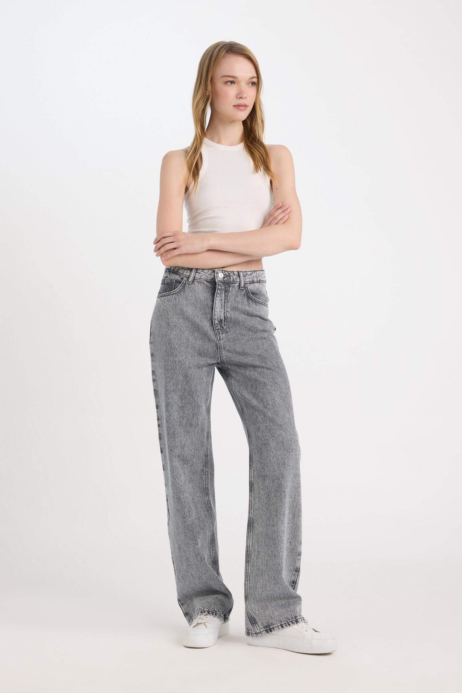 90's Wide Leg Yüksek Bel Geniş Paça Jean Yıkamalı Pantolon