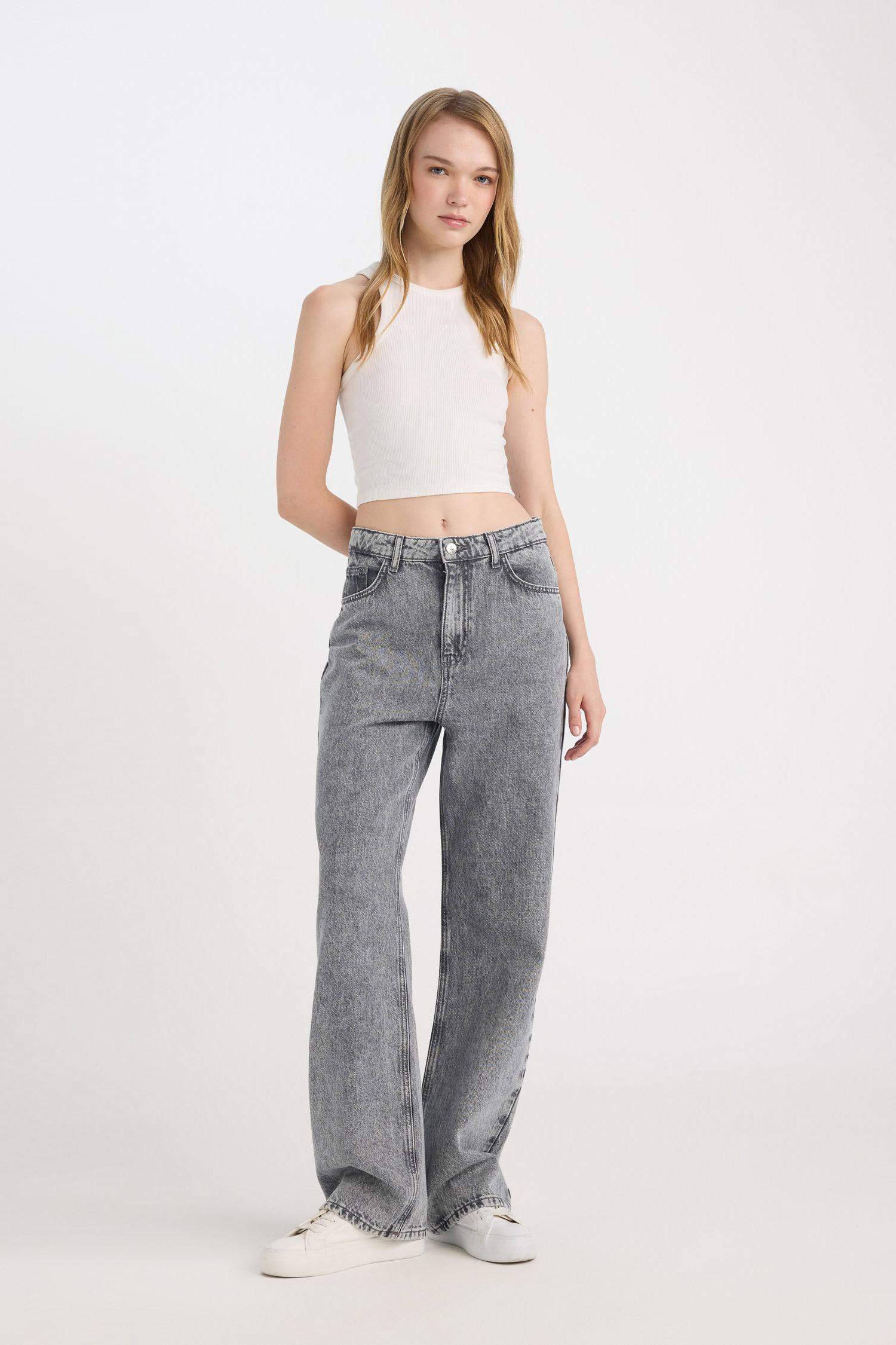 90's Wide Leg Yüksek Bel Geniş Paça Jean Yıkamalı Pantolon