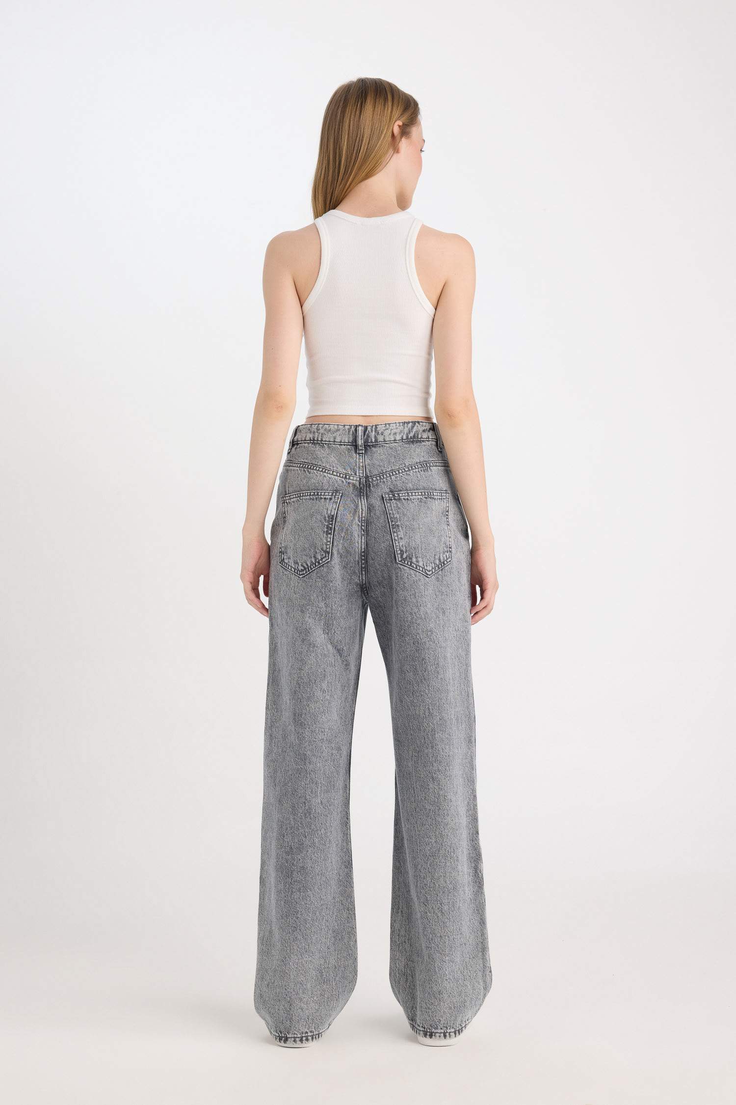 90's Wide Leg Yüksek Bel Geniş Paça Jean Yıkamalı Pantolon