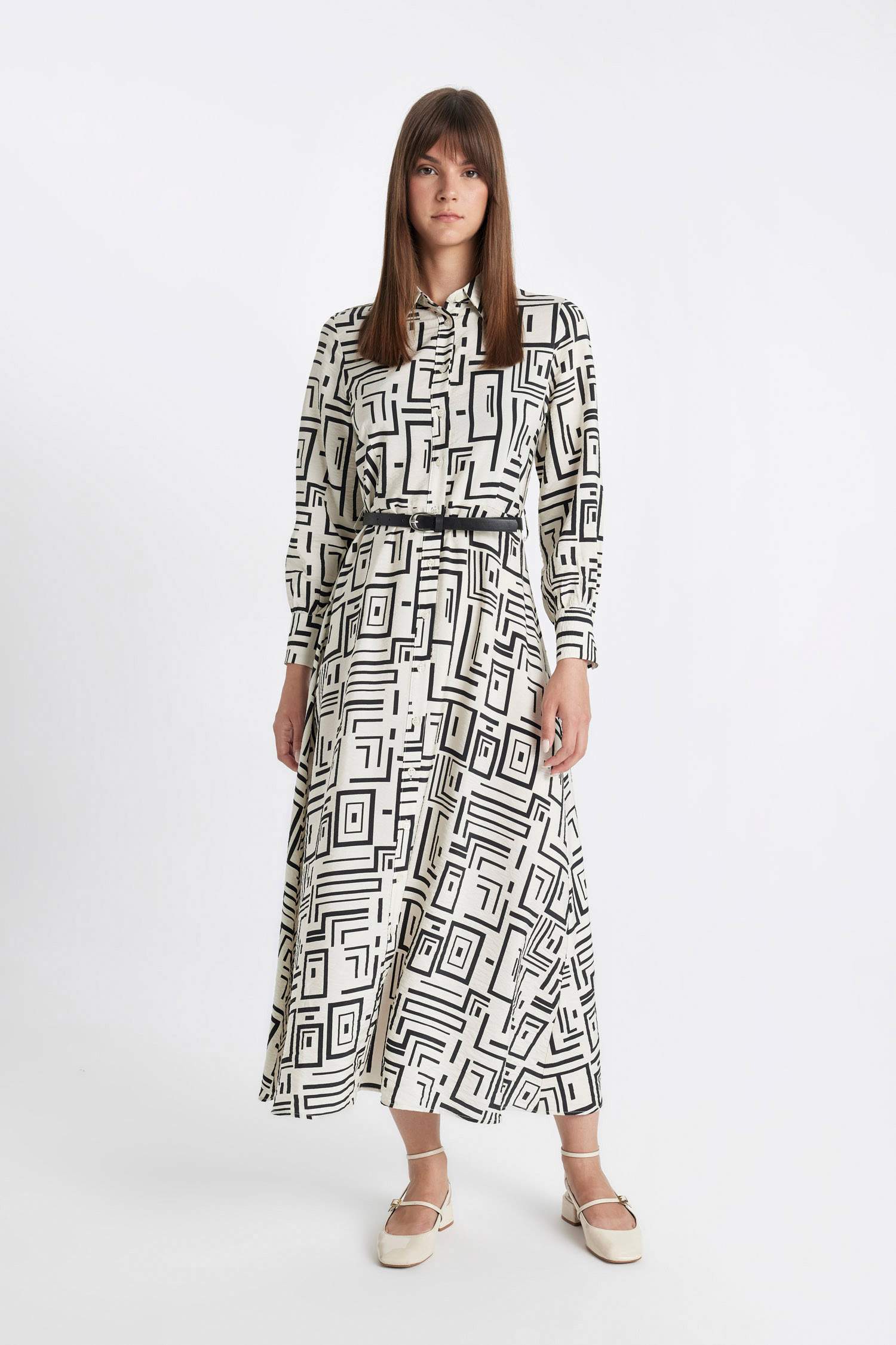 Gömlek Yaka Baskılı Uzun Kollu Elbise