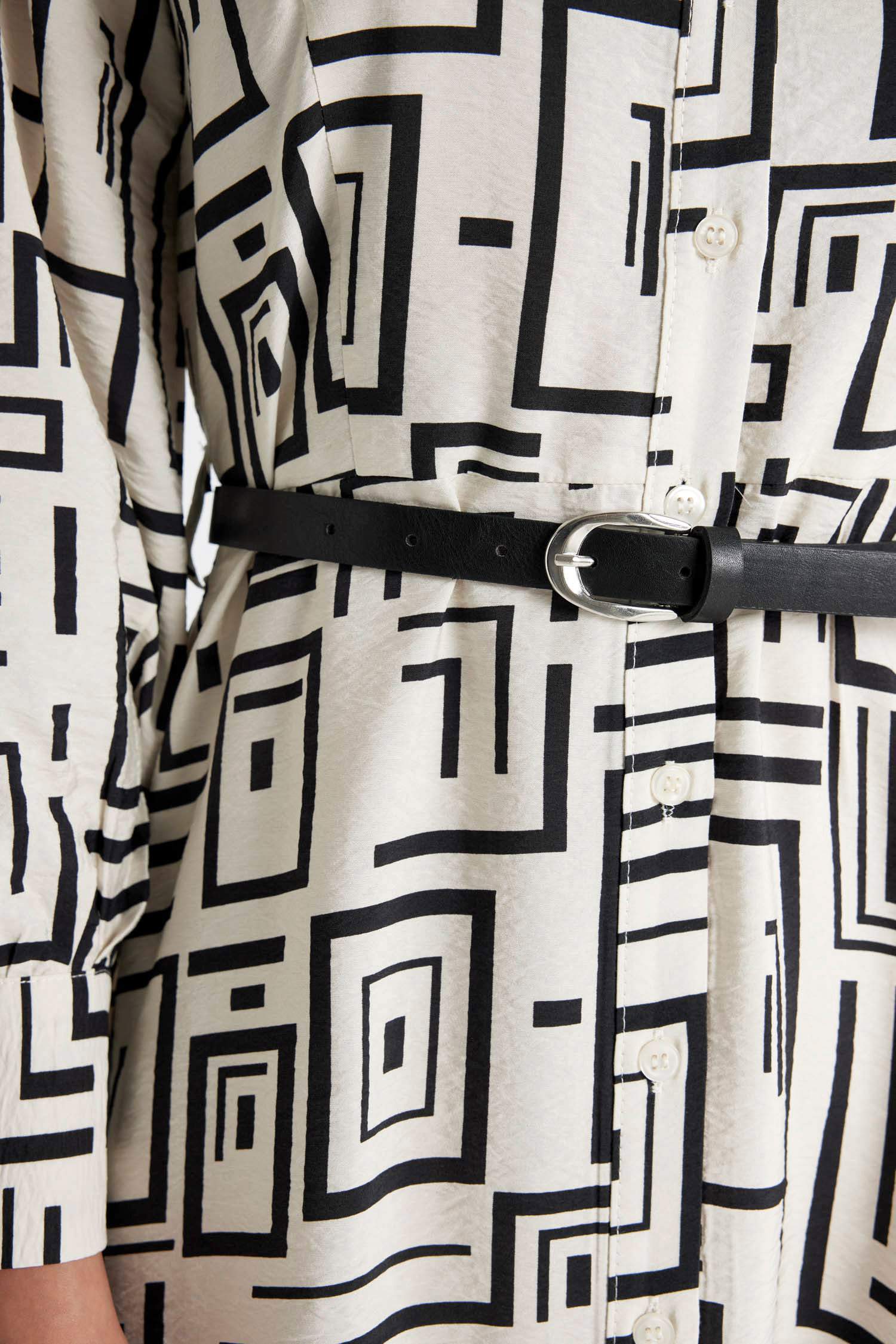 Gömlek Yaka Baskılı Uzun Kollu Elbise