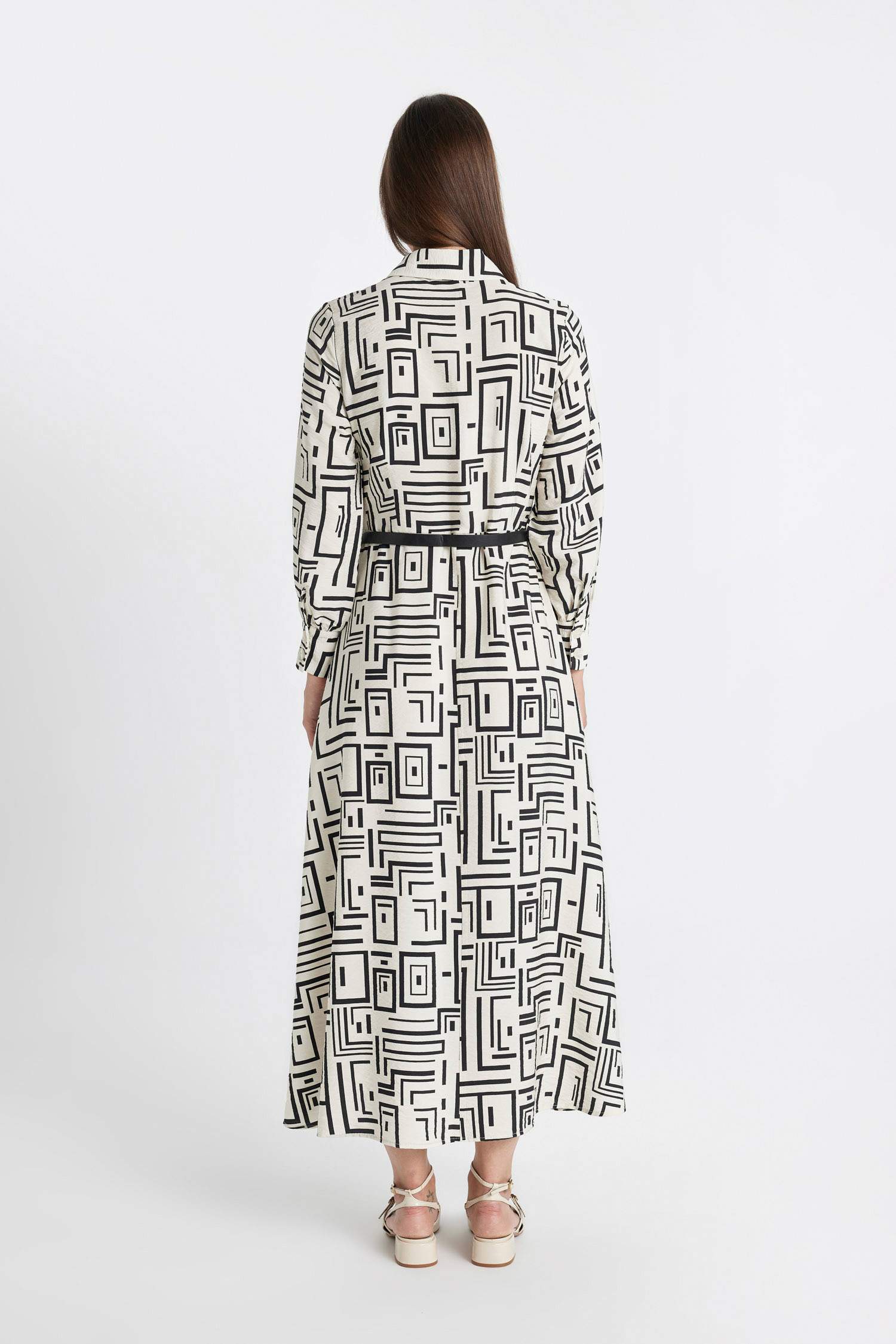 Gömlek Yaka Baskılı Uzun Kollu Elbise